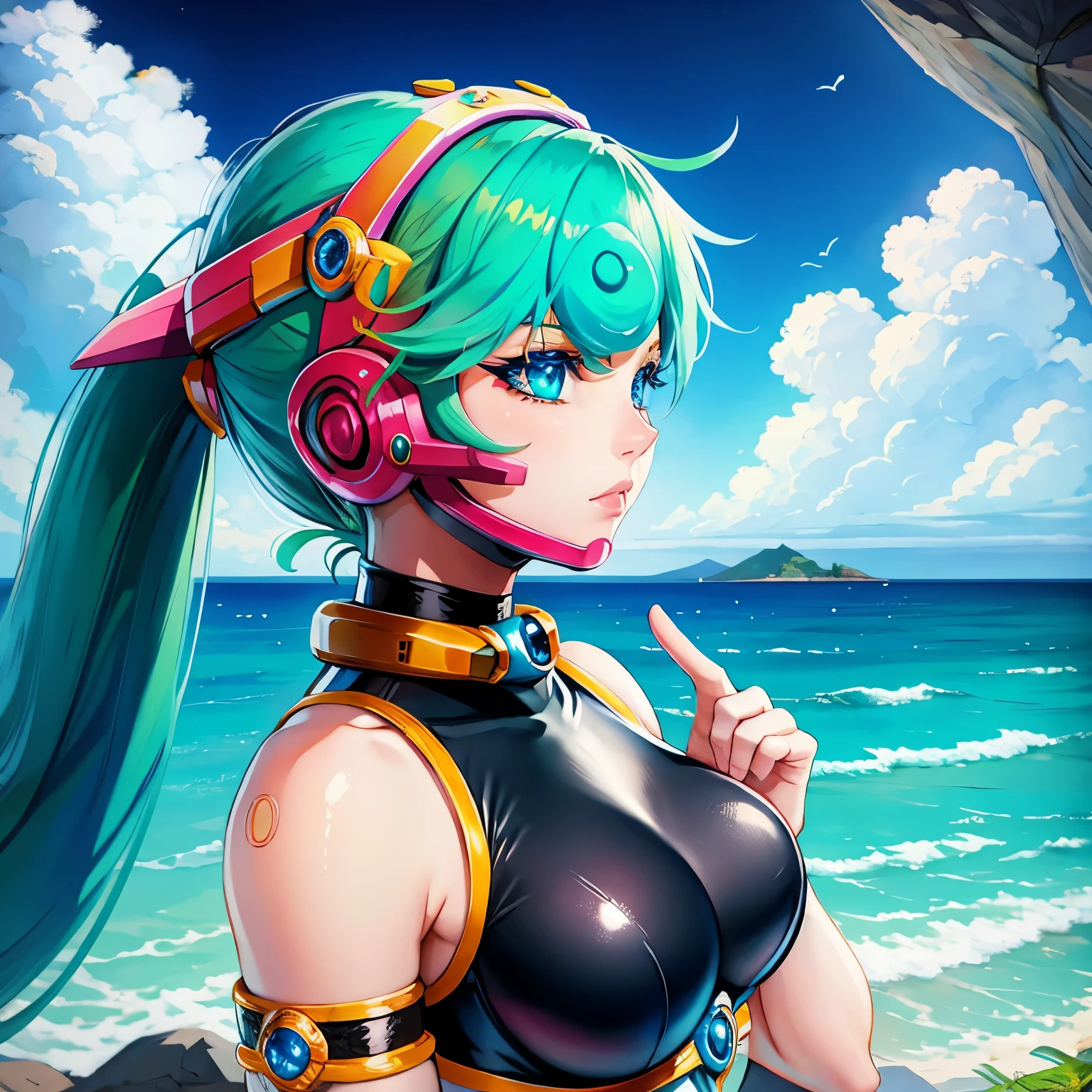 marino_megamanx, 1girl, green hair, blue eyes, ponytail, detailed face, breasts, masterpiece, high quality, overlooking the ocean on the edge of a rock, in the style of avian-themed, realistic yet stylized, villagecore, azure, orange and azure, dragoncore, aerial view