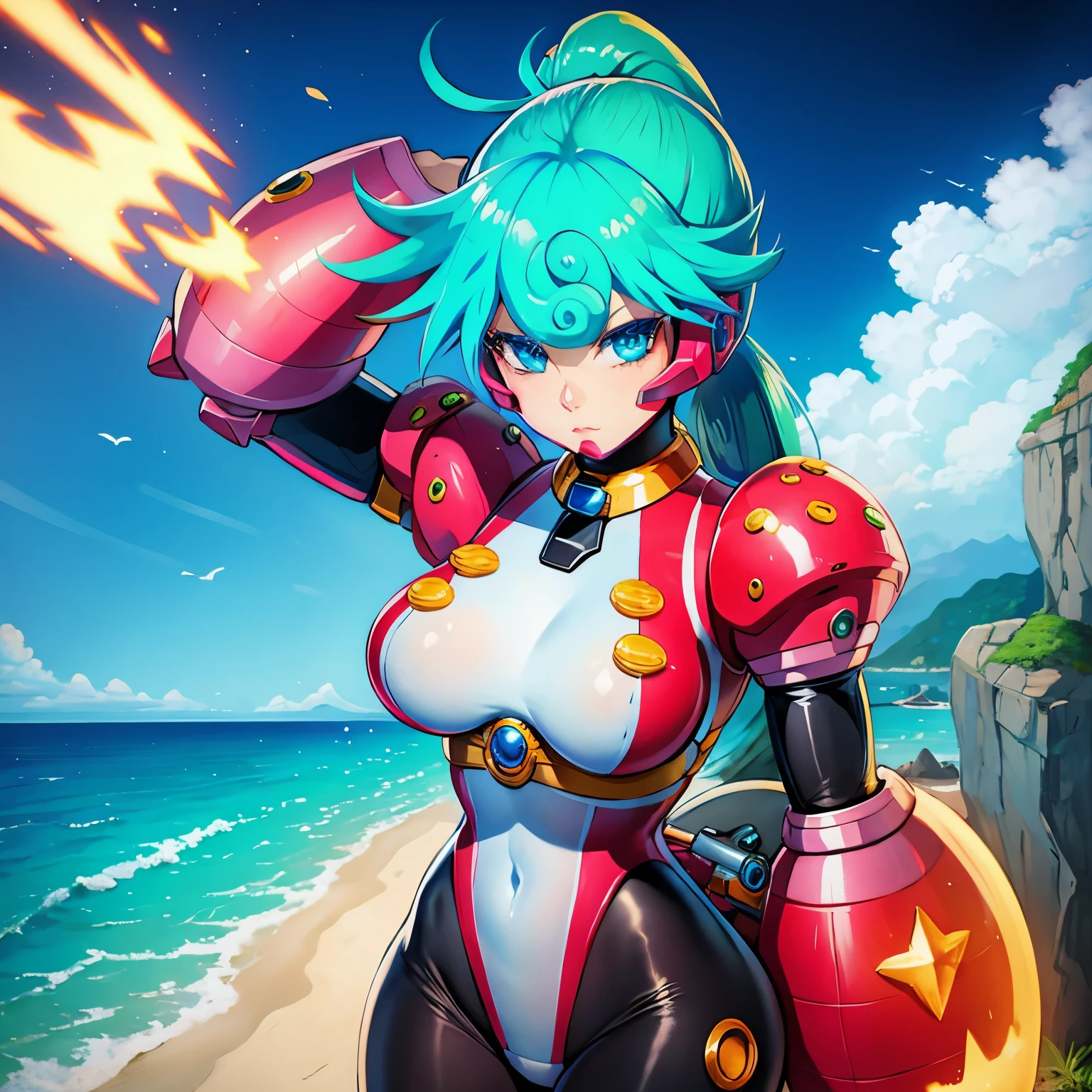 marino_megamanx, 1girl, green hair, blue eyes, ponytail, detailed face, breasts, masterpiece, high quality, overlooking the ocean on the edge of a rock, in the style of avian-themed, realistic yet stylized, villagecore, azure, orange and azure, dragoncore, aerial view