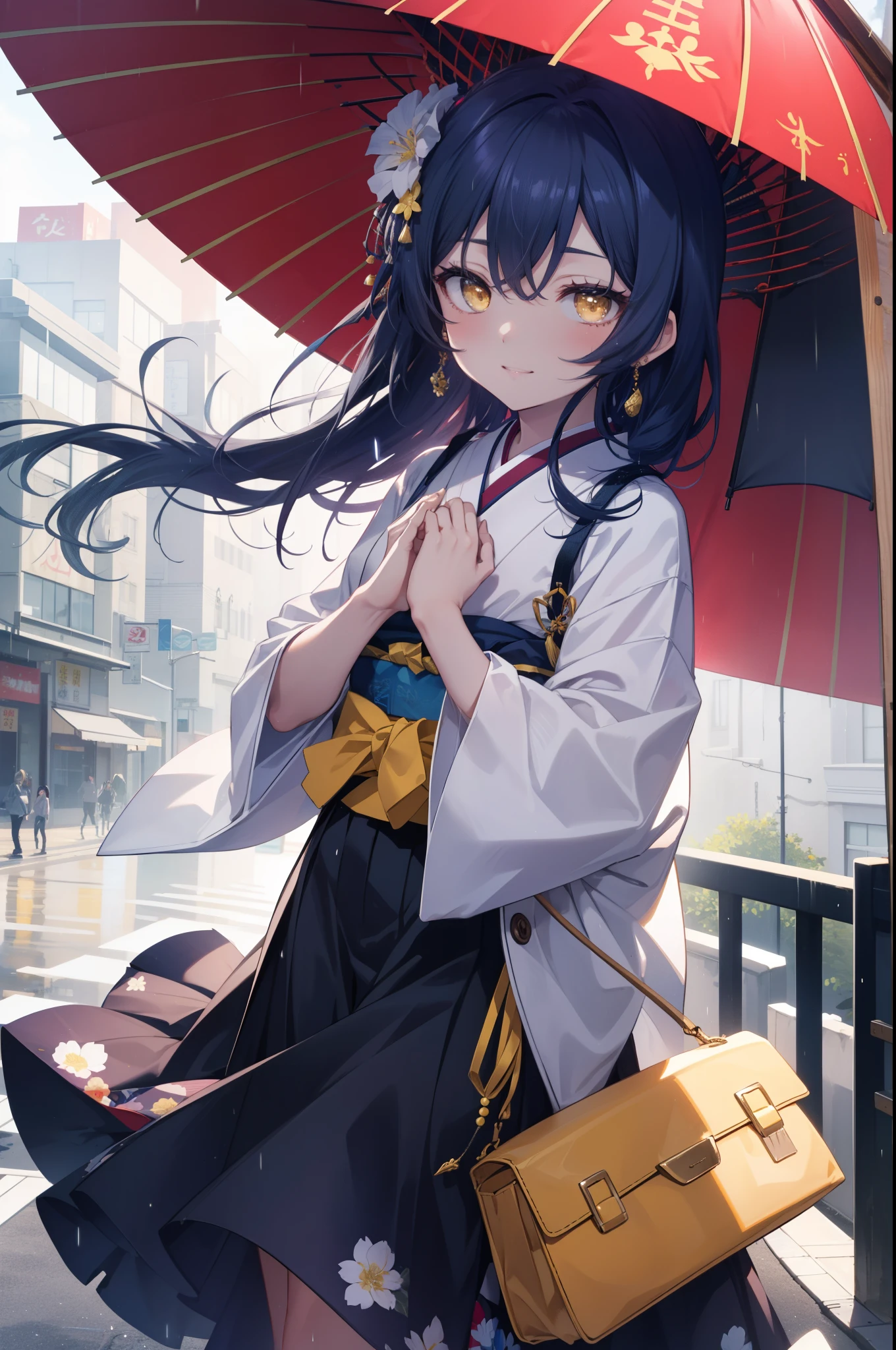 Kamisonoda, Umi Sonoda, long hair, blue hair, (yellow eyes:1.5) (flat chest:1.2),smile,flower hair ornament,Blue floral pattern gorgeous Japanese clothes,long skirt,white foot bag,Zori sandals,tying hair,He is holding a Japanese-style umbrella with both hands and resting it on his shoulder.,rain,cloudy sky,walking,
break looking at viewer,
break outdoors, In town,building street,
break (masterpiece:1.2), highest quality, High resolution, unity 8k wallpaper, (figure:0.8), (detailed and beautiful eyes:1.6), highly detailed face, perfect lighting, Very detailed CG, (perfect hands, perfect ???????),
