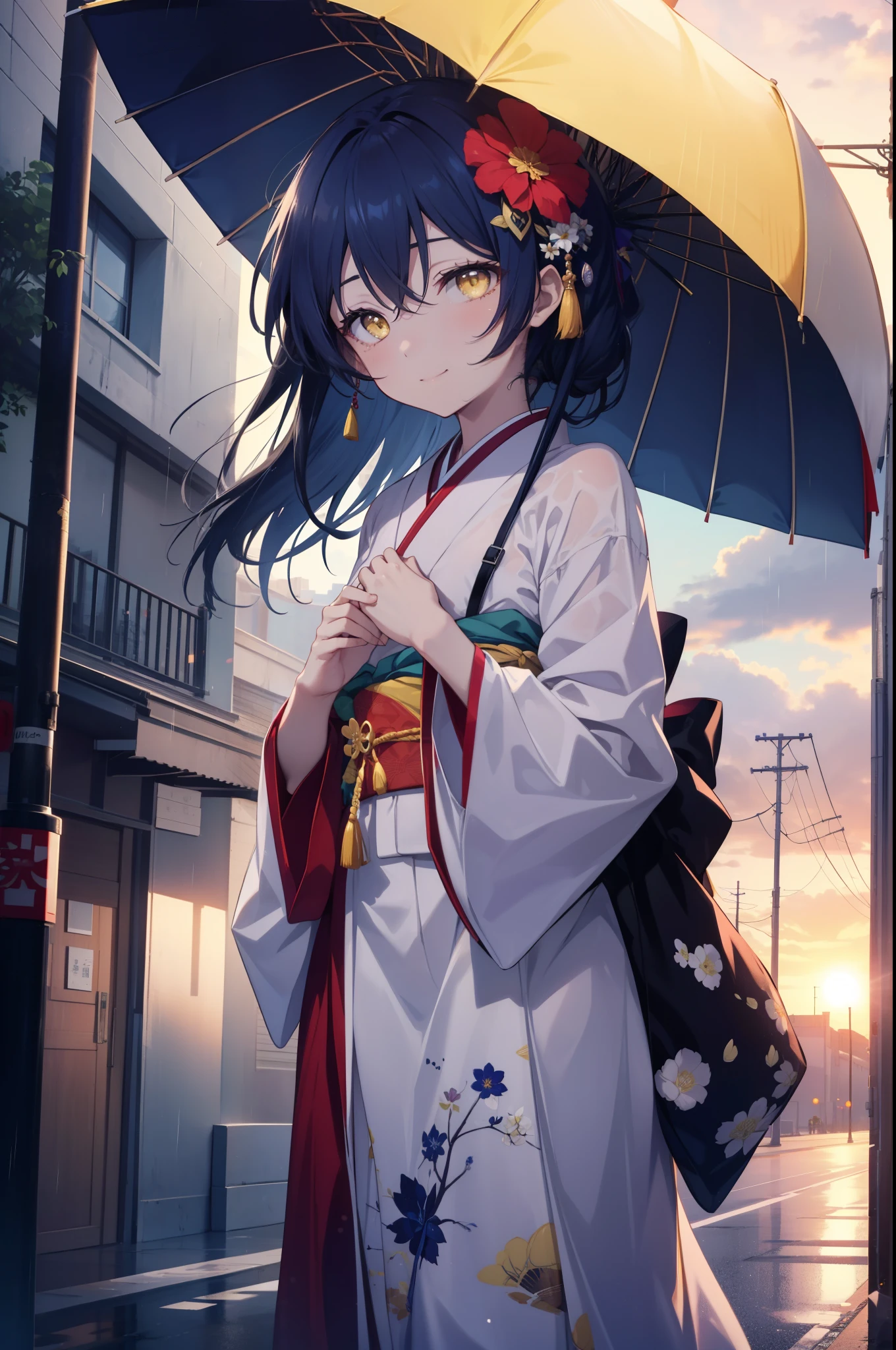 Kamisonoda, Umi Sonoda, long hair, blue hair, (yellow eyes:1.5) (flat chest:1.2),smile,flower hair ornament,Blue floral pattern gorgeous Japanese clothes,long skirt,white foot bag,Zori sandals,tying hair,He is holding a Japanese-style umbrella with both hands and resting it on his shoulder.,rain,cloudy sky,walking,
break looking at viewer,
break outdoors, In town,building street,
break (masterpiece:1.2), highest quality, High resolution, unity 8k wallpaper, (figure:0.8), (detailed and beautiful eyes:1.6), highly detailed face, perfect lighting, Very detailed CG, (perfect hands, perfect anatomy),