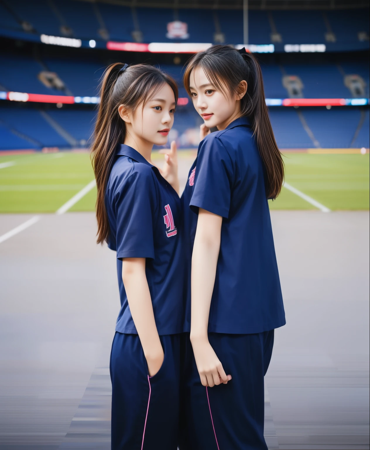 (best quality,10,10,height,Masterpiece:1.2),Special details,(realistic,ภาพrealistic,Realistic photos:1.37),1 cute girl on the football field,shiny, ผิวshiny,only,smile softly,BDclothelue shirt:1.3)),short sleeve,shirt, กางเกงขาlong.,(navy_long_track pants:1.1), ((stadium background:1.3)),Dynamic angle,excited,Face focus,dynamic poses,from behind,focus on ass,Masterpiece, best quality, ultra realistic, hyper-detail, 8K resolution, raw photos, Sharp focus, ((Navy blue shirt:1.1)), short sleeve, เส้นทางlong, perfect body, 2 mature women, 18 years old, Cinema-grade lighting system,blue sweatpants,shirtผ้าออกกำลังกาย,correct anatomy,perfect body, correct body, Sharp face, correct bodyทางกายวิภาค, full body, realistic gestures, long-haired, realistic poses,Wear long shorts................................,ช่วงขาlong,Good shape,carved girl, Slender figure, model, Good shape, beautiful body,blue sweatpants, two girls kissing