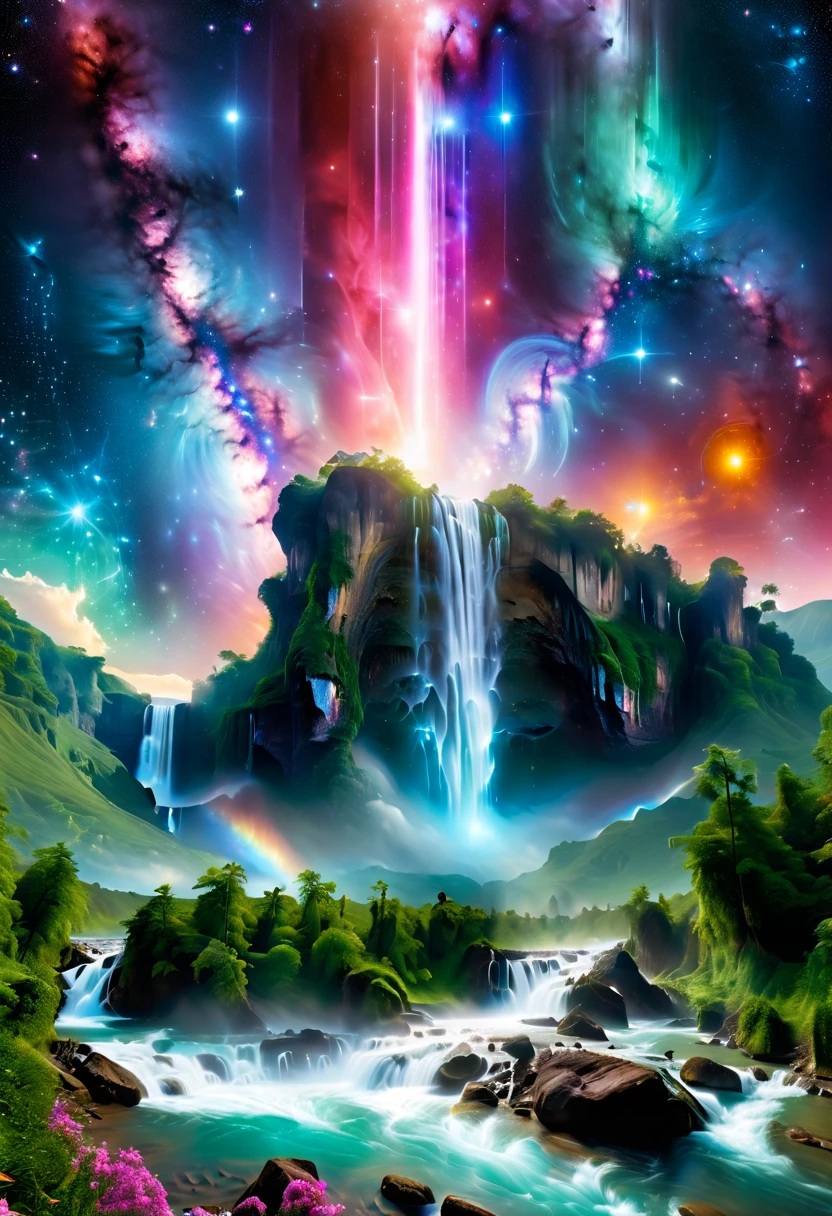 A supremely beautiful Creation Pillar topped with the Milky Way pouring down like a waterfall, set in a cosmic landscape. This magnificent scene combines elements of fantasy and space, showing the pillar standing tall against a backdrop of stars, nebulae, and celestial bodies. The Milky Way's cascading flow is illuminated with vibrant colors, creating a stunning visual effect that resembles a cosmic waterfall. The scene is ethereal and awe-inspiring, highlighting the beauty and majesty of the universe.