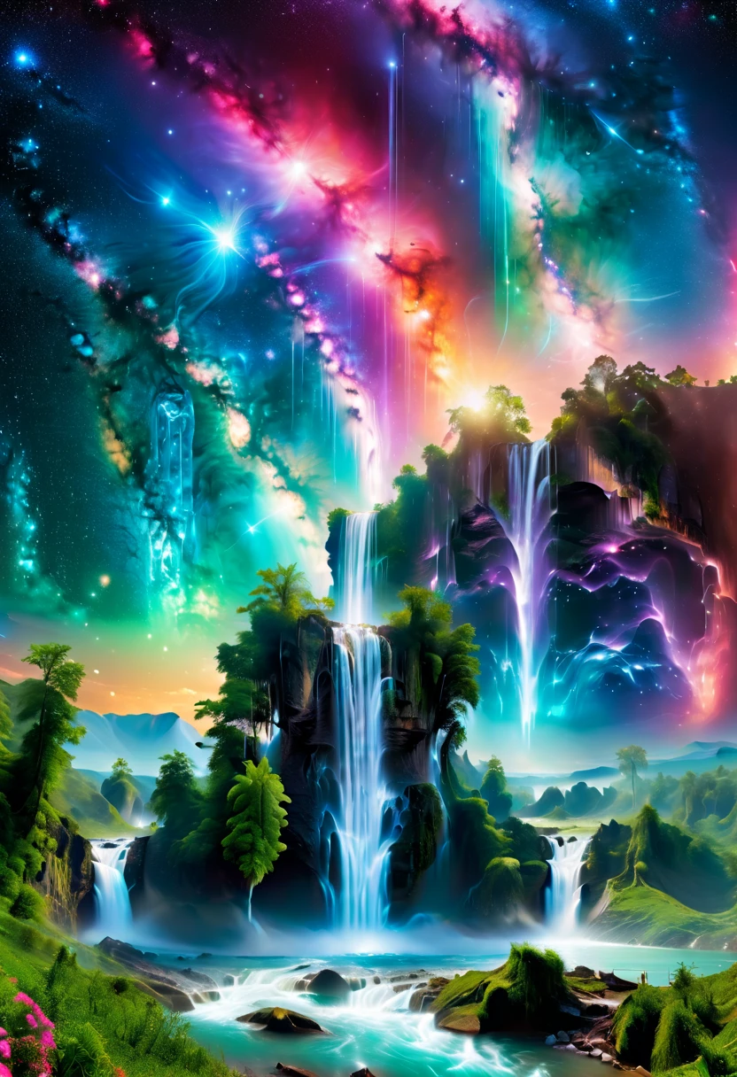 A breathtaking scene of China's famously beautiful waterfall, showcasing its majestic flow amidst a lush, vibrant landscape. The waterfall cascades over steep cliffs, surrounded by dense forests and mist rising from the impact zone. Traditional Chinese architecture, such as pavilions or bridges, subtly integrates into the scene, enhancing the cultural and natural harmony. The image captures the essence of tranquility and the awe-inspiring power of nature, with crystal-clear water sparkling under the sunlight, creating a serene and picturesque setting that epitomizes the ultimate beauty of Chinese landscapes.