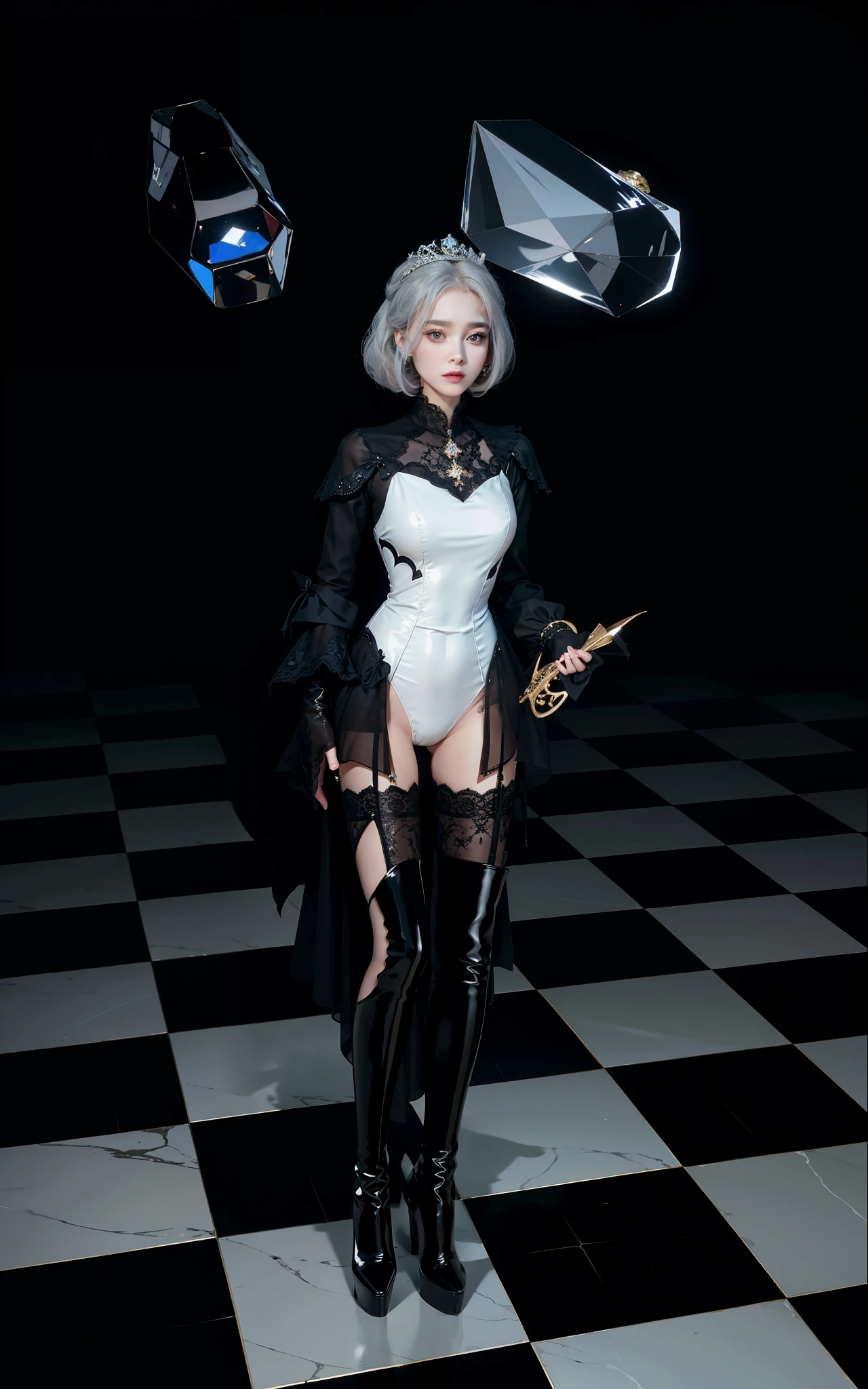 Royal sister,exquisite eyes,Detailed facial expressions body,tall figure,Leg length,4k,HD,translucent lace,Fair and plump figure,pretty face,Little cherry mouth,beautiful and delicious(3D royal sister),exquisite dress,Wear crystal jewelry,black high heel boots,