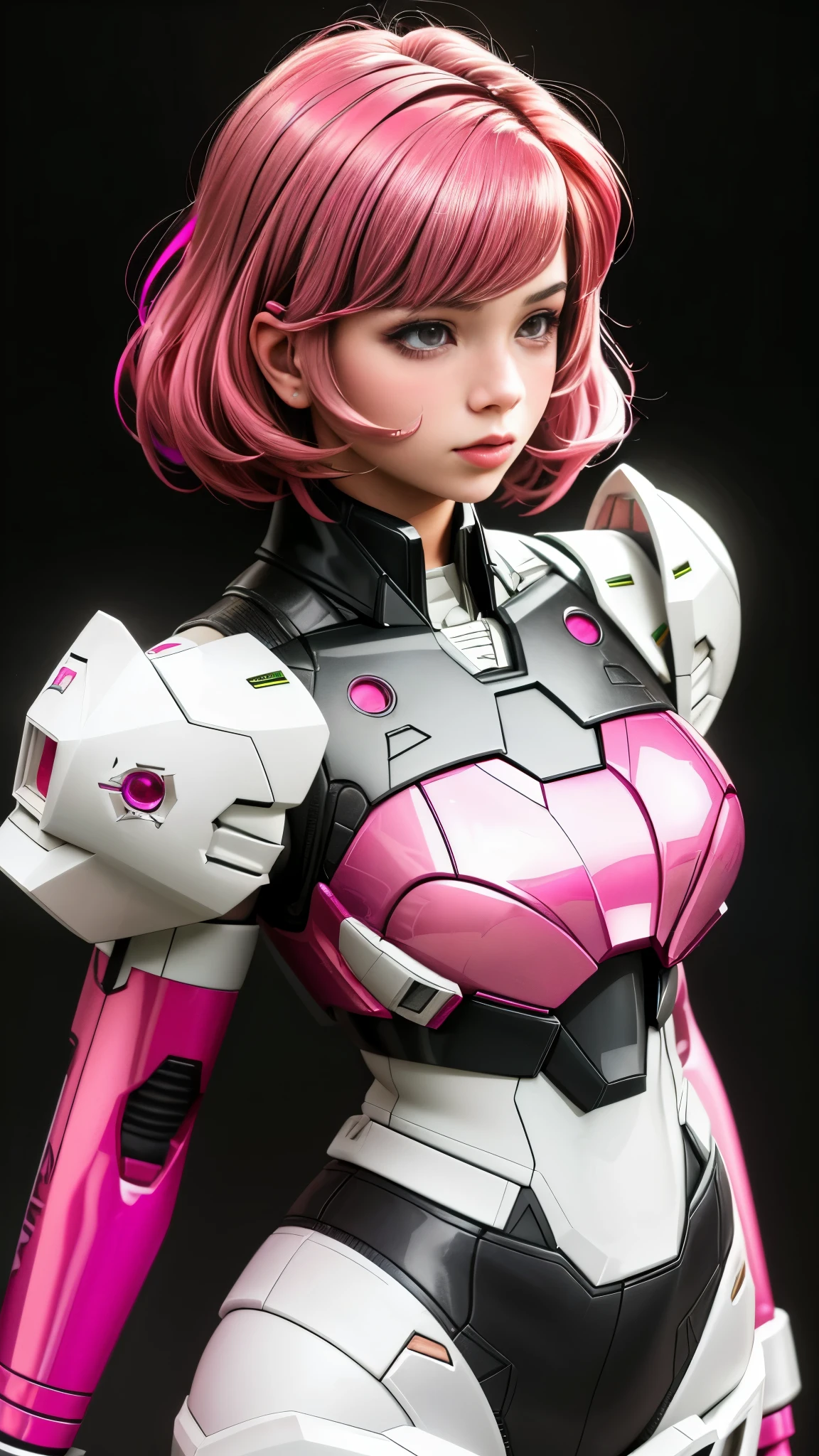 Realistic black Sozabi girl photo，Shortcut Bob Cut，I have a lot of hair，brown eyes，Hair color is bright pink，cool look，background is gray，16 year old daughter of Haman Khan and Char Aznable.