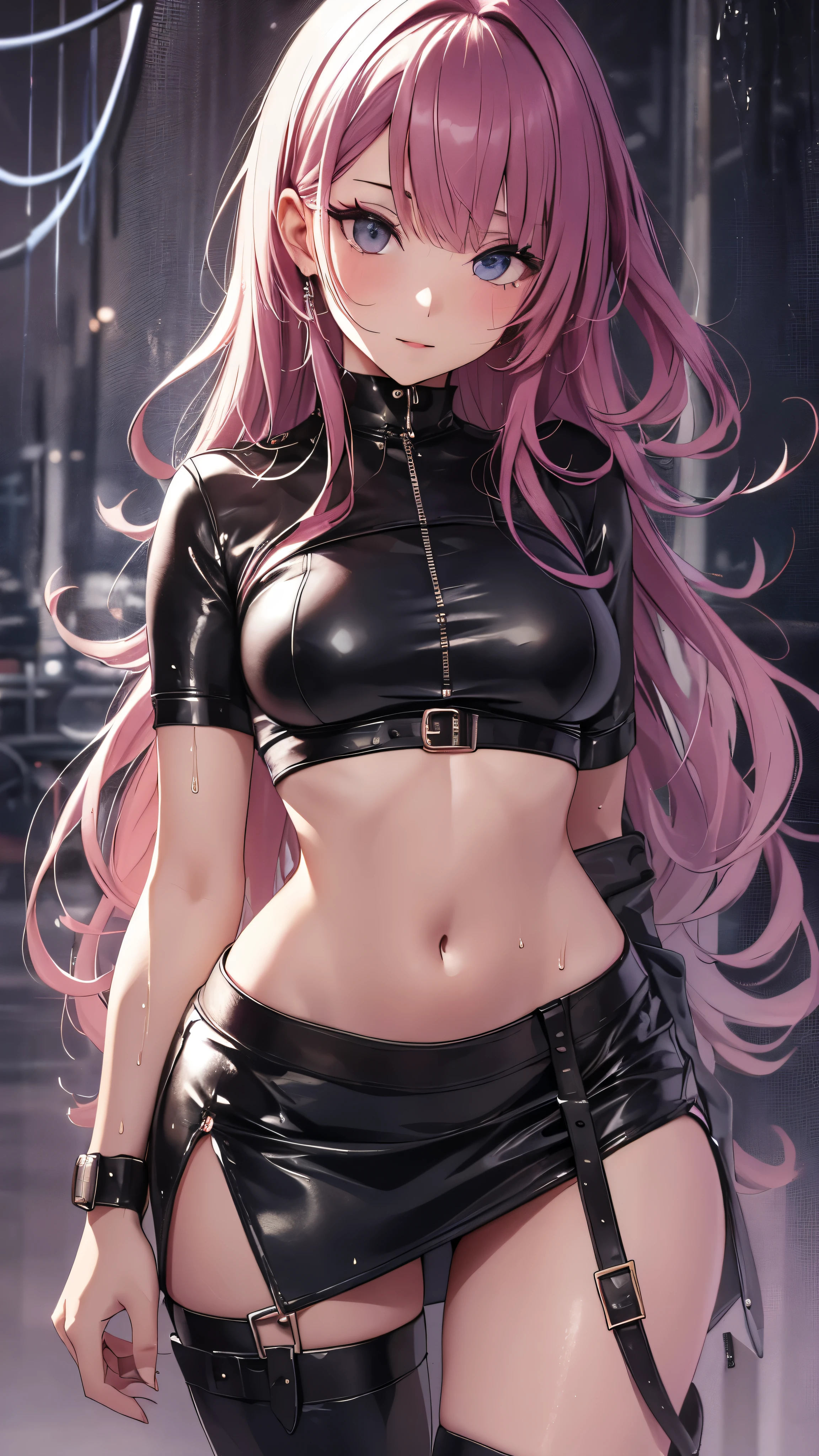 High resolution, woman , good lighting, despicable, , (No nudity), (((leather tight mini skirt))), ((tight leather top)), (((leather thigh high boots))), (garter belt), abdomen only, (wet shorts), , cute face, I'Iは恥ずかしくて赤面します, humiliating, ((Spread Regini's skirt))