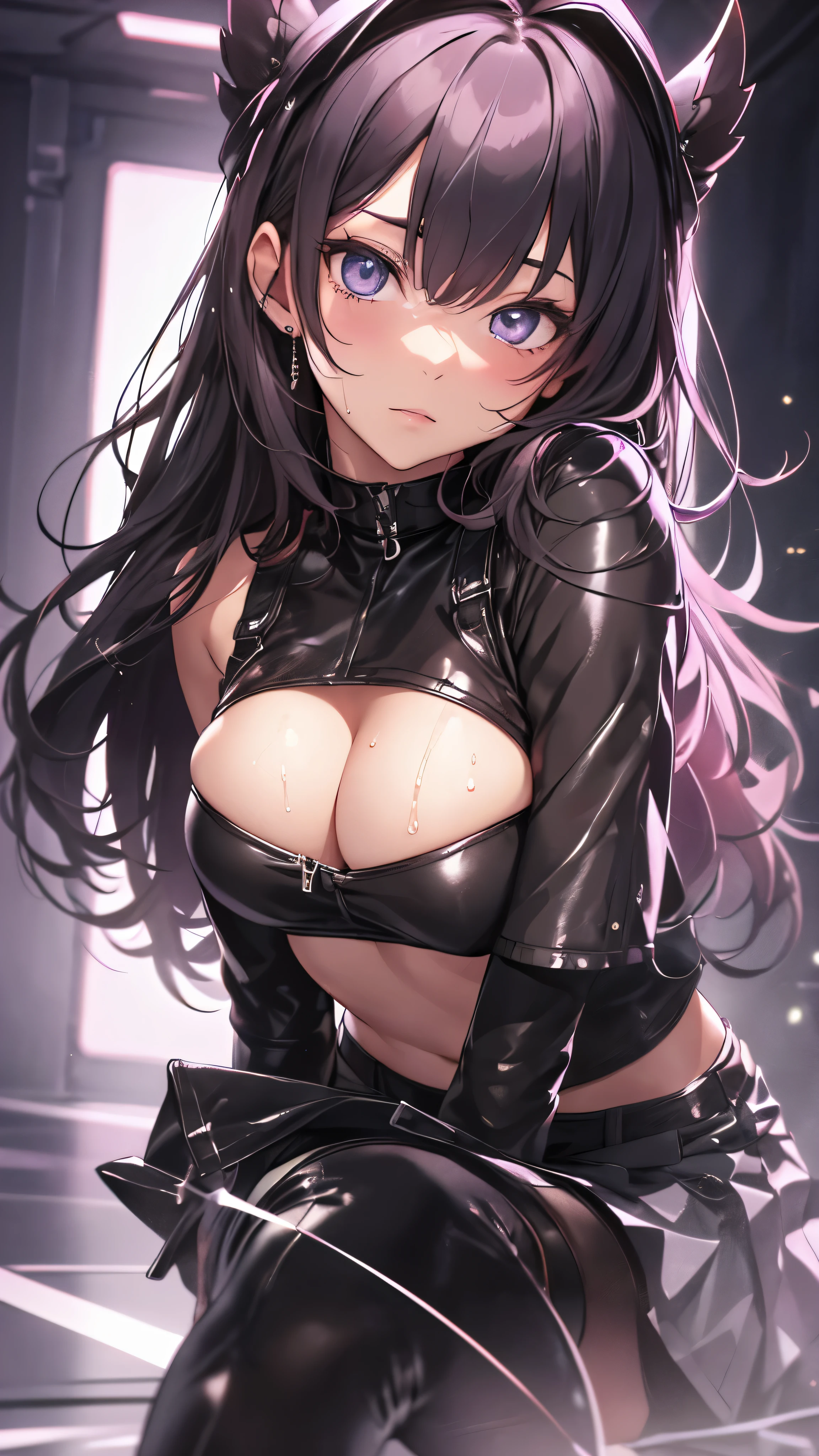 High resolution, woman , good lighting, despicable, , (No nudity), (((leather tight mini skirt))), ((tight leather top)), (((leather thigh high boots))), (garter belt), abdomen only, (wet shorts), , cute face, I'Iは恥ずかしくて赤面します, humiliating, ((Spread Regini's skirt))