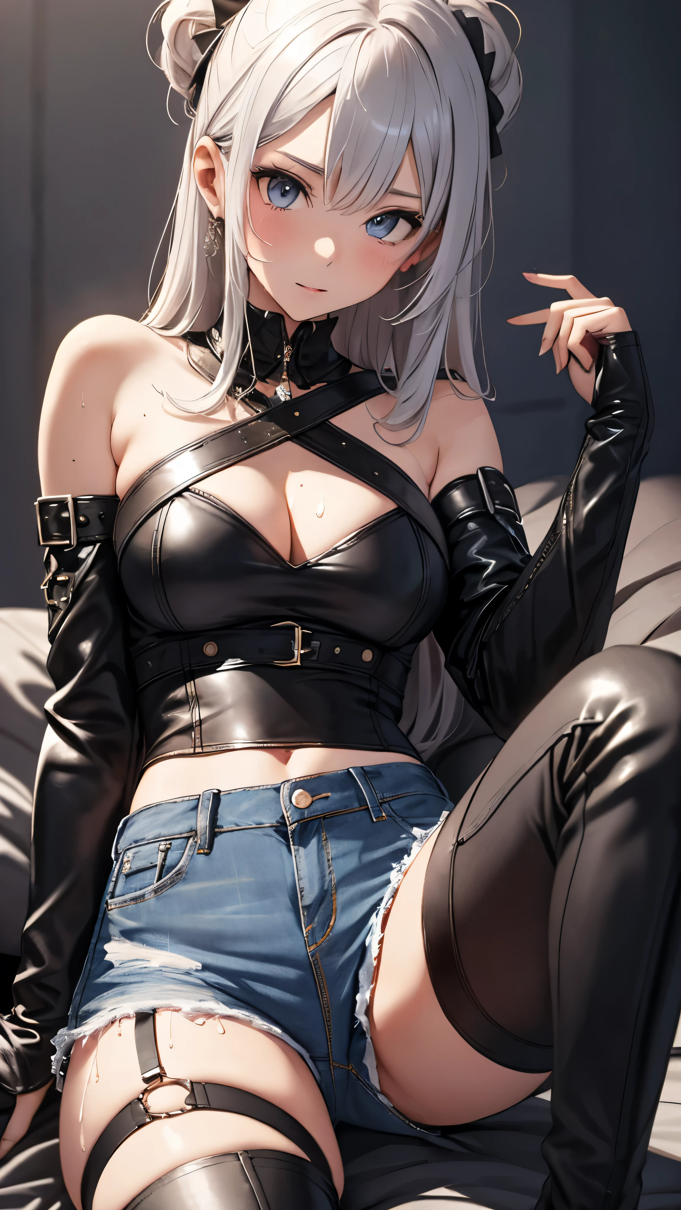 High resolution, woman , good lighting, despicable, , (No nudity), (((big jeans micro shorts))), ((tight leather top)), (((leather thigh high boots))), (garter belt), abdomen only, (wet shorts), , cute face, I'Iは恥ずかしくて赤面します, humiliating, ((spread your legs)), ((I can see your panties))