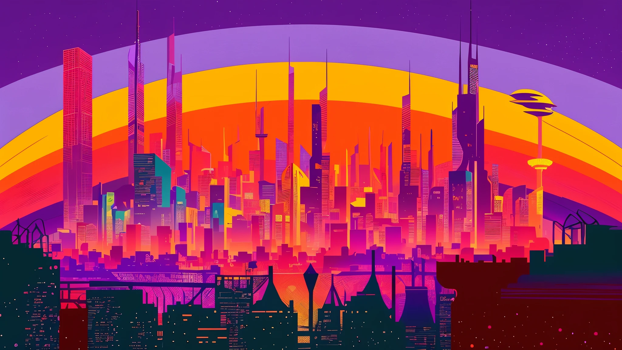 a colorful city skyline with a rainbow in the background, colorful city, an alien cityscape, alien cityscape, colorful dystopian futurism, kilian eng vibrant colours, colorful concept art, futuristic city backdrop, kilian eng vibrant colors, inspired by James Gilleard, james gilleard artwork, futuristic but colorful shading, futuristic city scape, futuristic cityscape, jen bartel