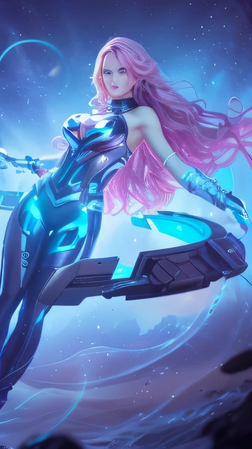 Beautiful girl, (photorealistic:1.4), 8k, ultra high res, uhd, acurate proportion, dramatic lighting, slender body, pink wavy hair, light blue eyes, scar across her nose