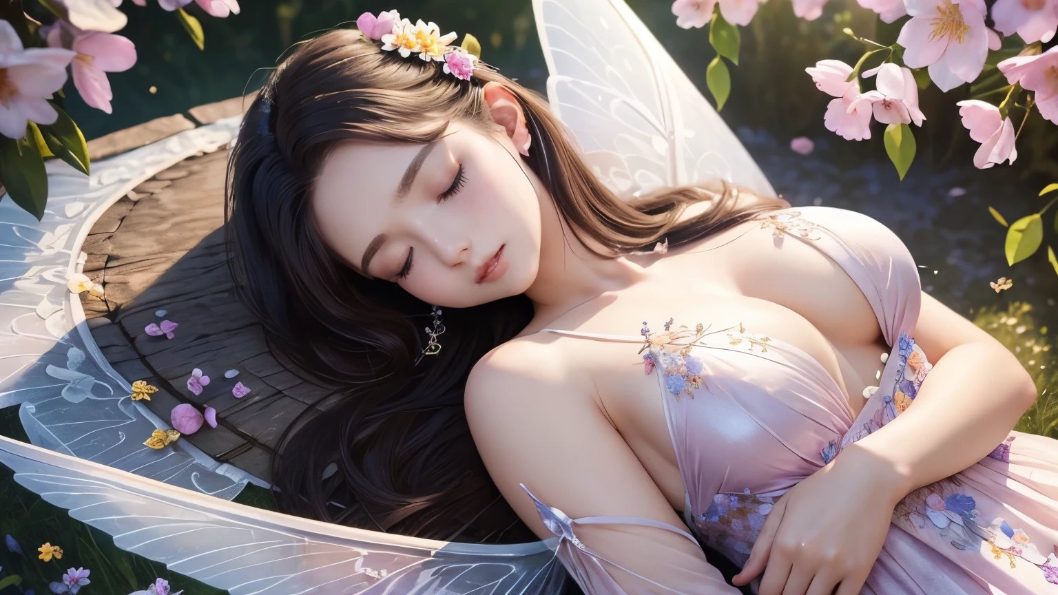 One beautiful fairy with wings、((On your back))、(Sleeping)、big breasts、pale hair、Upper body、close up of face、Lustrous lips、Flowers in the foreground、spring scenery、night scenery、surrounded by spring flowers、colorful flower field、high resolution、mysterious、high resolution、