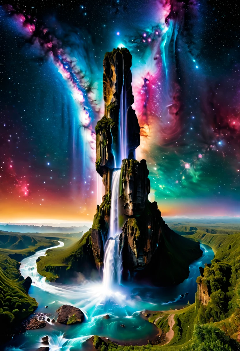 ((Aerial View))，A supremely beautiful Creation Pillar topped with the Milky Way pouring down like a waterfall, set in a cosmic landscape. This magnificent scene combines elements of fantasy and space, showing the pillar standing tall against a backdrop of stars, nebulae, and celestial bodies. The Milky Way's cascading flow is illuminated with vibrant colors, creating a stunning visual effect that resembles a cosmic waterfall. The scene is ethereal and awe-inspiring, highlighting the beauty and majesty of the universe.
