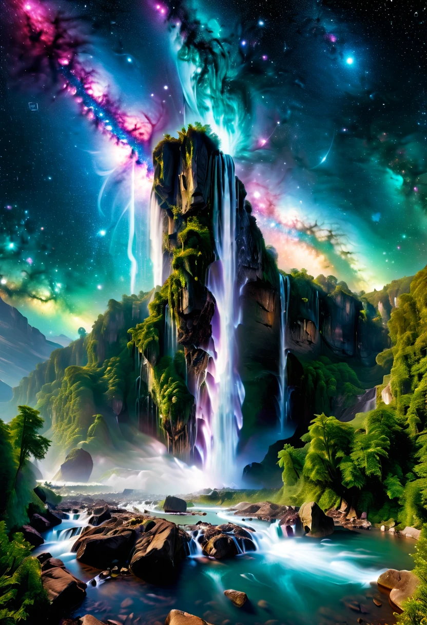 ((Aerial View))，A supremely beautiful Creation Pillar topped with the Milky Way pouring down like a waterfall, set in a cosmic landscape. This magnificent scene combines elements of fantasy and space, showing the pillar standing tall against a backdrop of stars, nebulae, and celestial bodies. The Milky Way's cascading flow is illuminated with vibrant colors, creating a stunning visual effect that resembles a cosmic waterfall. The scene is ethereal and awe-inspiring, highlighting the beauty and majesty of the universe.