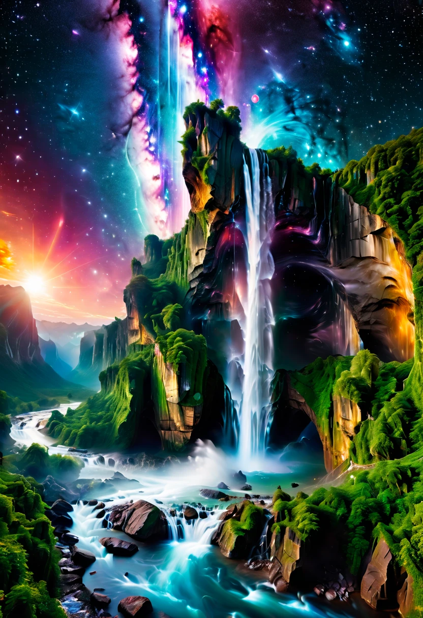 A breathtaking scene of China's famously beautiful waterfall, showcasing its majestic flow amidst a lush, vibrant landscape. The waterfall cascades over steep cliffs, surrounded by dense forests and mist rising from the impact zone. Traditional Chinese architecture, such as pavilions or bridges, subtly integrates into the scene, enhancing the cultural and natural harmony. The image captures the essence of tranquility and the awe-inspiring power of nature, with crystal-clear water sparkling under the sunlight, creating a serene and picturesque setting that epitomizes the ultimate beauty of Chinese landscapes.