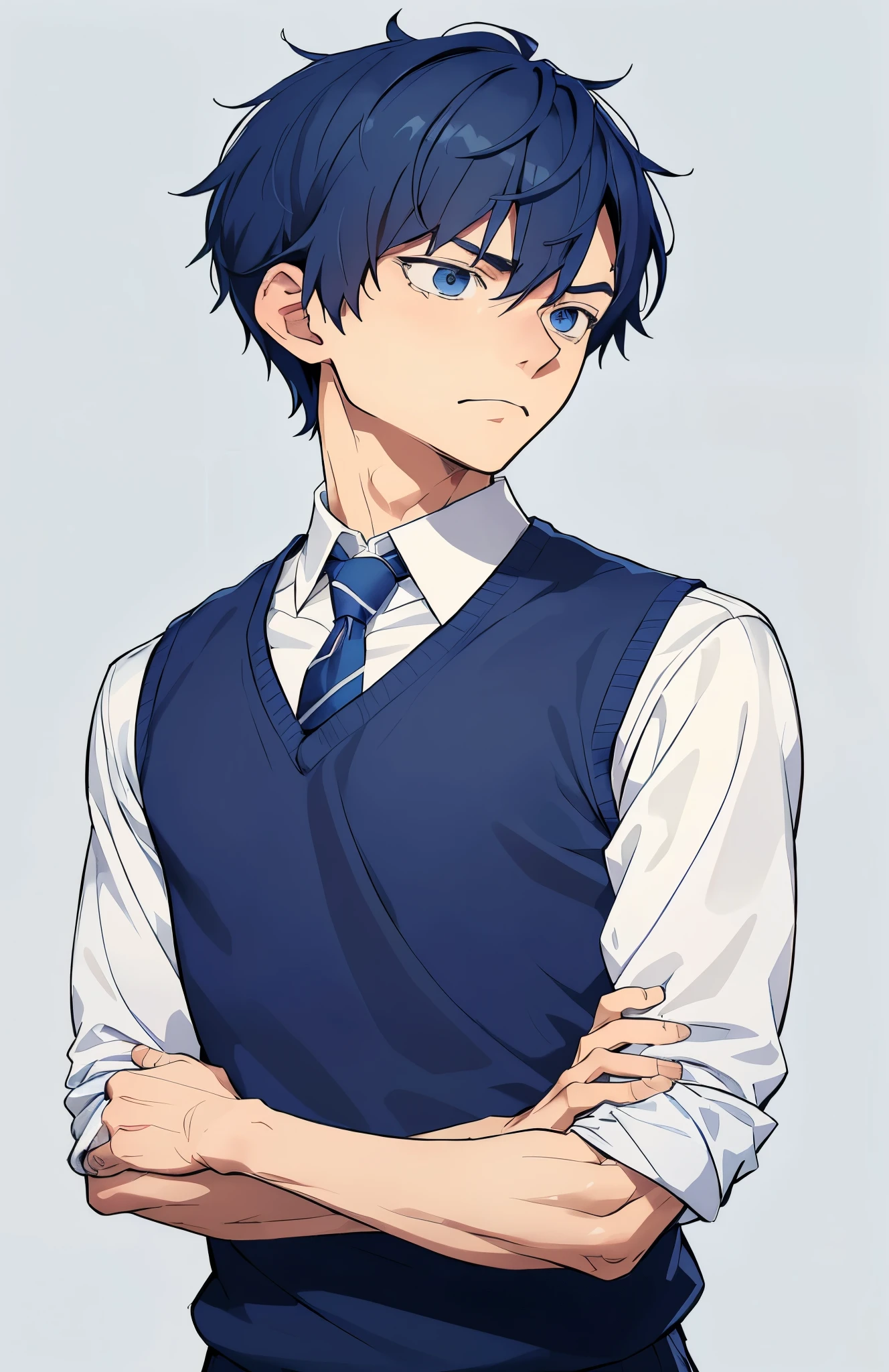 anime boy with blue hair and a vest and tie, Tall anime guy with blue eyes, anime handsome man, handsome anime pose, anime youth, Kentaro Miura's manga art style, anime male characters, as an anime character, anime boy, JK uniform, male anime style, anime moe art style, Kentaro Miura manga style
