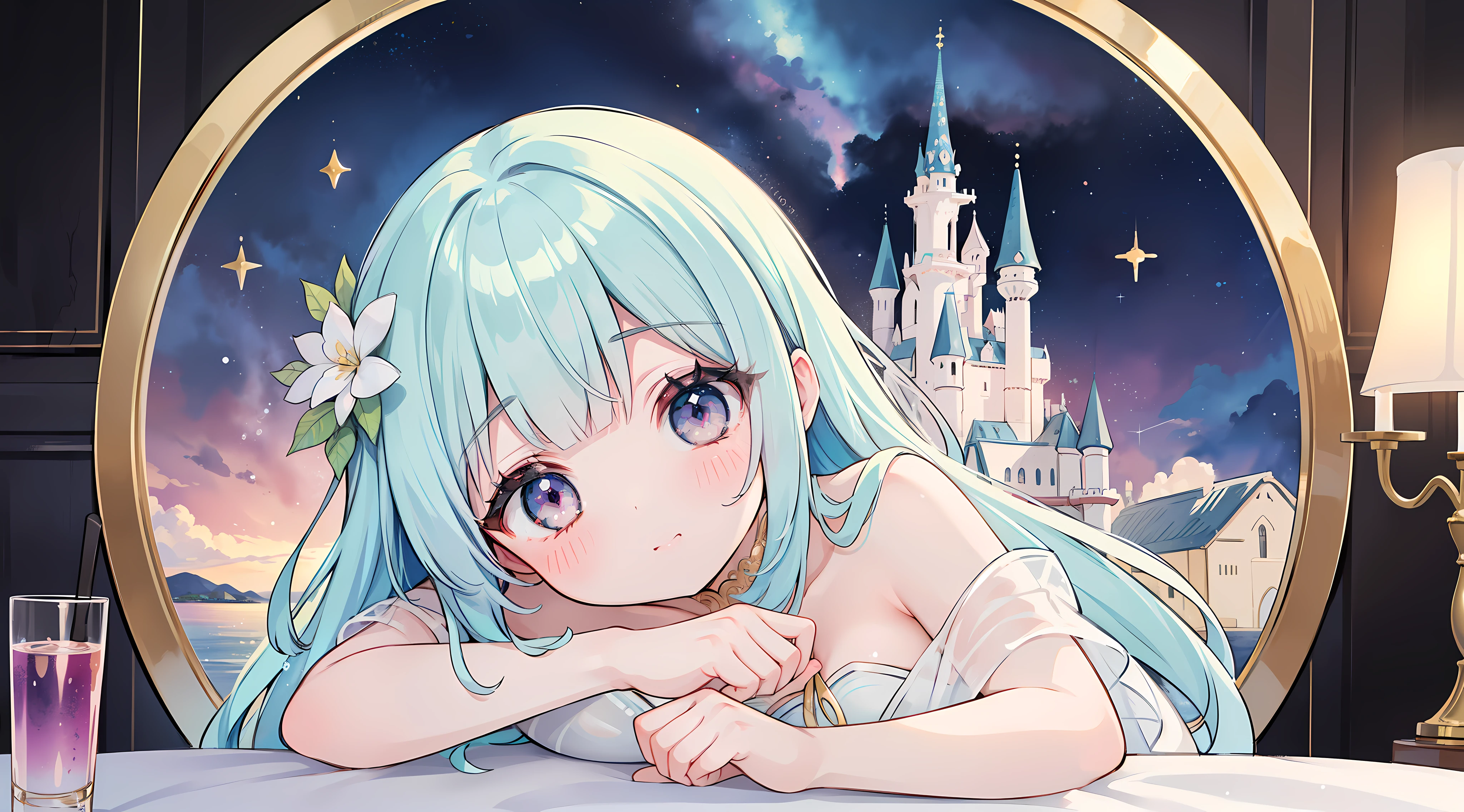 masterpiece, best quality, 8k resolution, sharp focus, intricate details, beautiful girl, Bright Eyes, golden ratio face, otherworldly liquid, watercolor, ((pastel colors)), bright colors, whimsical, colorful, sharp focus, high resolution, fine details, Intricate tiered ball gown, ((round eyes)), iridescent bubbles, Castle view in the background