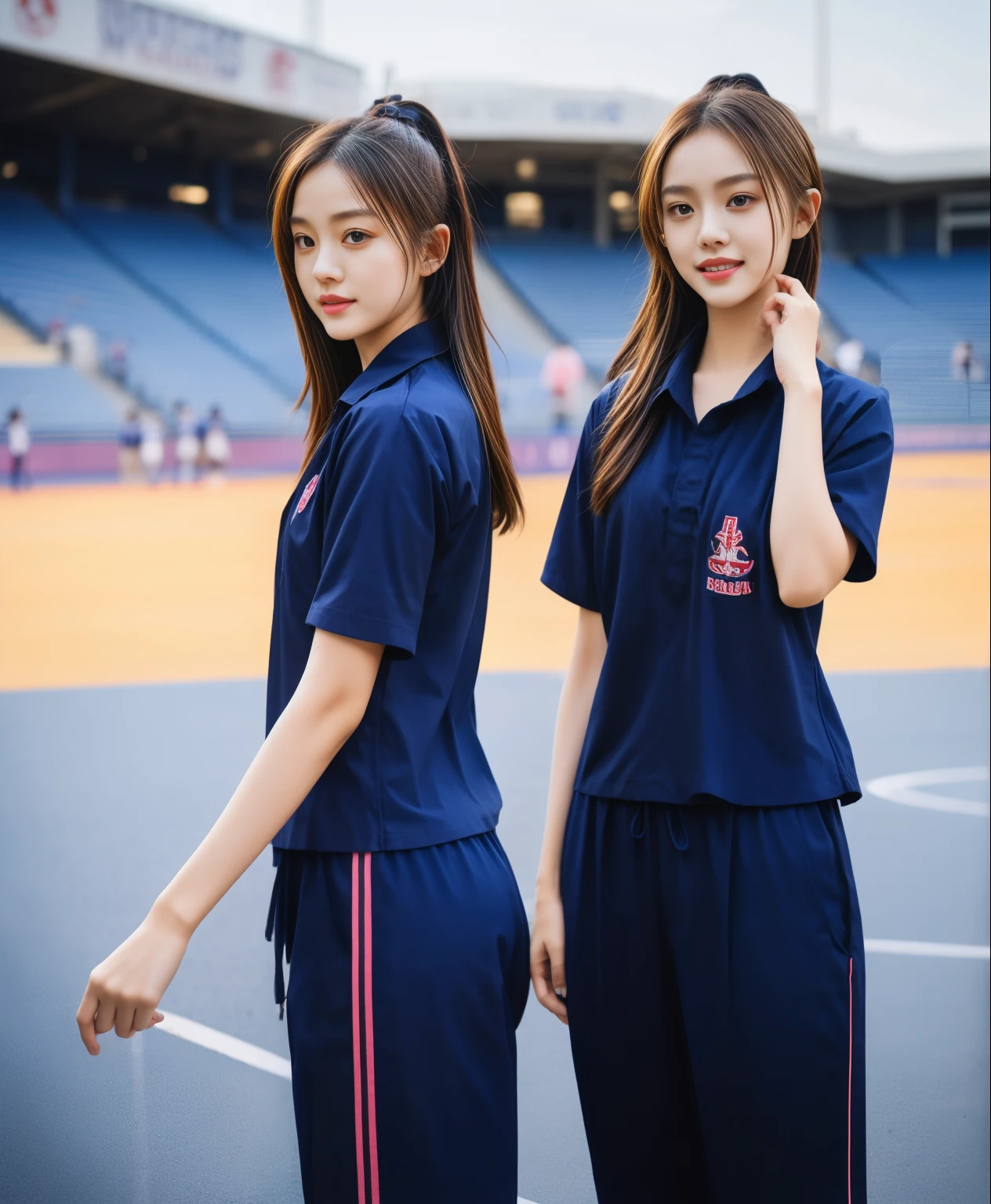 (best quality,10,10,height,Masterpiece:1.2),Special details,(realistic,ภาพrealistic,Realistic photos:1.37),1 cute girl on the football field,shiny, ผิวshiny,only,smile softly,BDclothelue shirt:1.3)),short sleeve,shirt, กางเกงขาlong.,(navy_long_track pants:1.1), ((stadium background:1.3)),Dynamic angle,excited,Face focus,dynamic poses,from behind,focus on ass,Masterpiece, best quality, ultra realistic, hyper-detail, 8K resolution, raw photos, Sharp focus, ((Navy blue shirt:1.1)), short sleeve, เส้นทางlong, perfect body, 2 mature women, 18 years old, Cinema-grade lighting system,blue sweatpants,shirtผ้าออกกำลังกาย,correct anatomy,perfect body, correct body, Sharp face, correct bodyทางกายวิภาค, full body, realistic gestures, long-haired, realistic poses,Wear long shorts................................,ช่วงขาlong,Good shape,carved girl, Slender figure, model, Good shape, beautiful body,blue sweatpants, two girls kissing