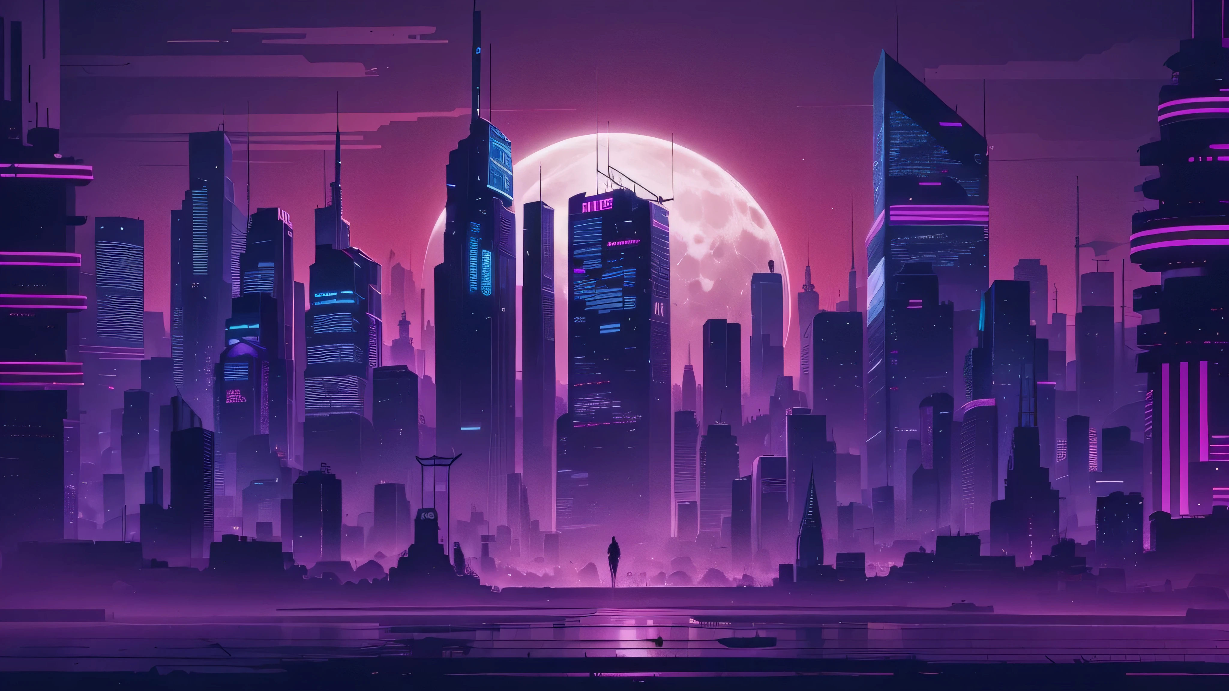 a vector illustration, cyber city, cyberpunk, cityline, full moon, purple sky, minimalistic, background wallpaper