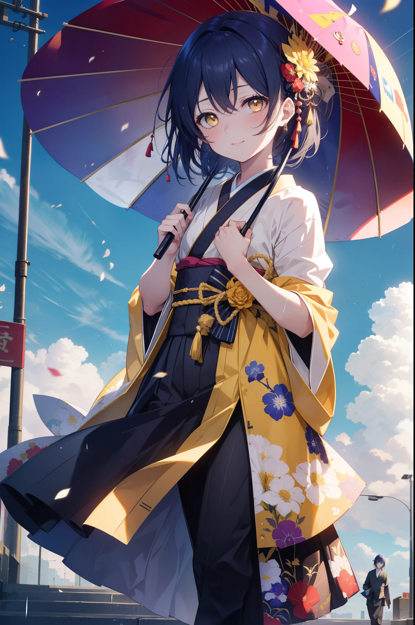 Kamisonoda, Umi Sonoda, long hair, blue hair, (yellow eyes:1.5) (flat chest:1.2),smile,flower hair ornament,Blue floral pattern gorgeous Japanese clothes,long skirt,white foot bag,Zori sandals,tying hair,He is holding a Japanese-style umbrella with both hands and resting it on his shoulder.,rain,cloudy sky,walking,
break looking at viewer,
break outdoors, In town,building street,
break (masterpiece:1.2), highest quality, High resolution, unity 8k wallpaper, (figure:0.8), (detailed and beautiful eyes:1.6), highly detailed face, perfect lighting, Very detailed CG, (perfect hands, perfect anatomy),