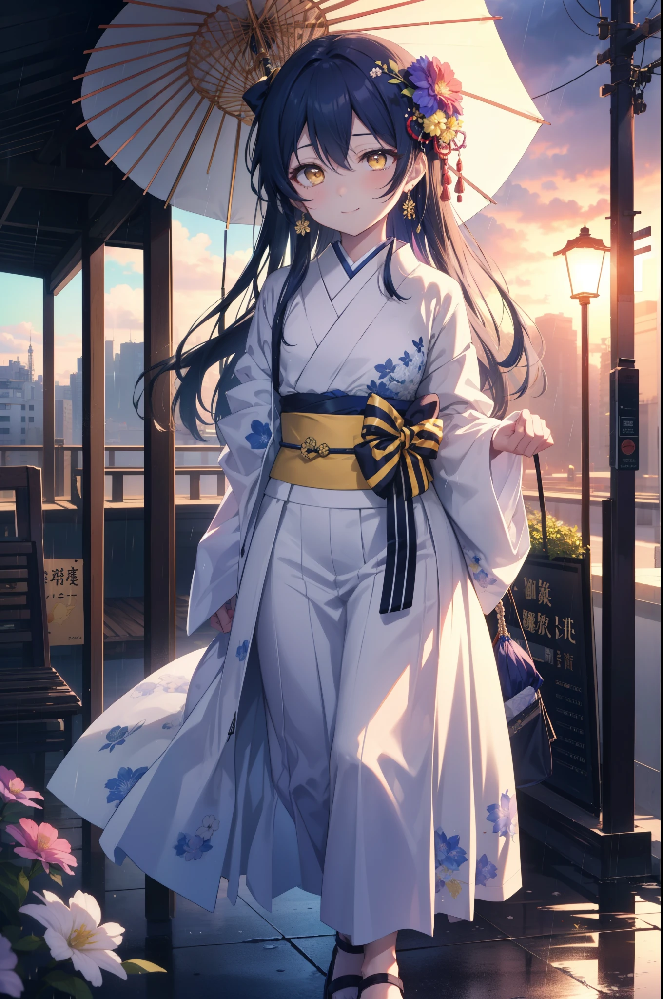 Kamisonoda, Umi Sonoda, long hair, blue hair, (yellow eyes:1.5) (flat chest:1.2),smile,flower hair ornament,Blue floral pattern gorgeous Japanese clothes,long skirt,white foot bag,Zori sandals,tying hair,He is holding a Japanese-style umbrella with both hands and resting it on his shoulder.,rain,cloudy sky,walking,
break looking at viewer,
break outdoors, In town,building street,
break (masterpiece:1.2), highest quality, High resolution, unity 8k wallpaper, (figure:0.8), (detailed and beautiful eyes:1.6), highly detailed face, perfect lighting, Very detailed CG, (perfect hands, perfect anatomy),