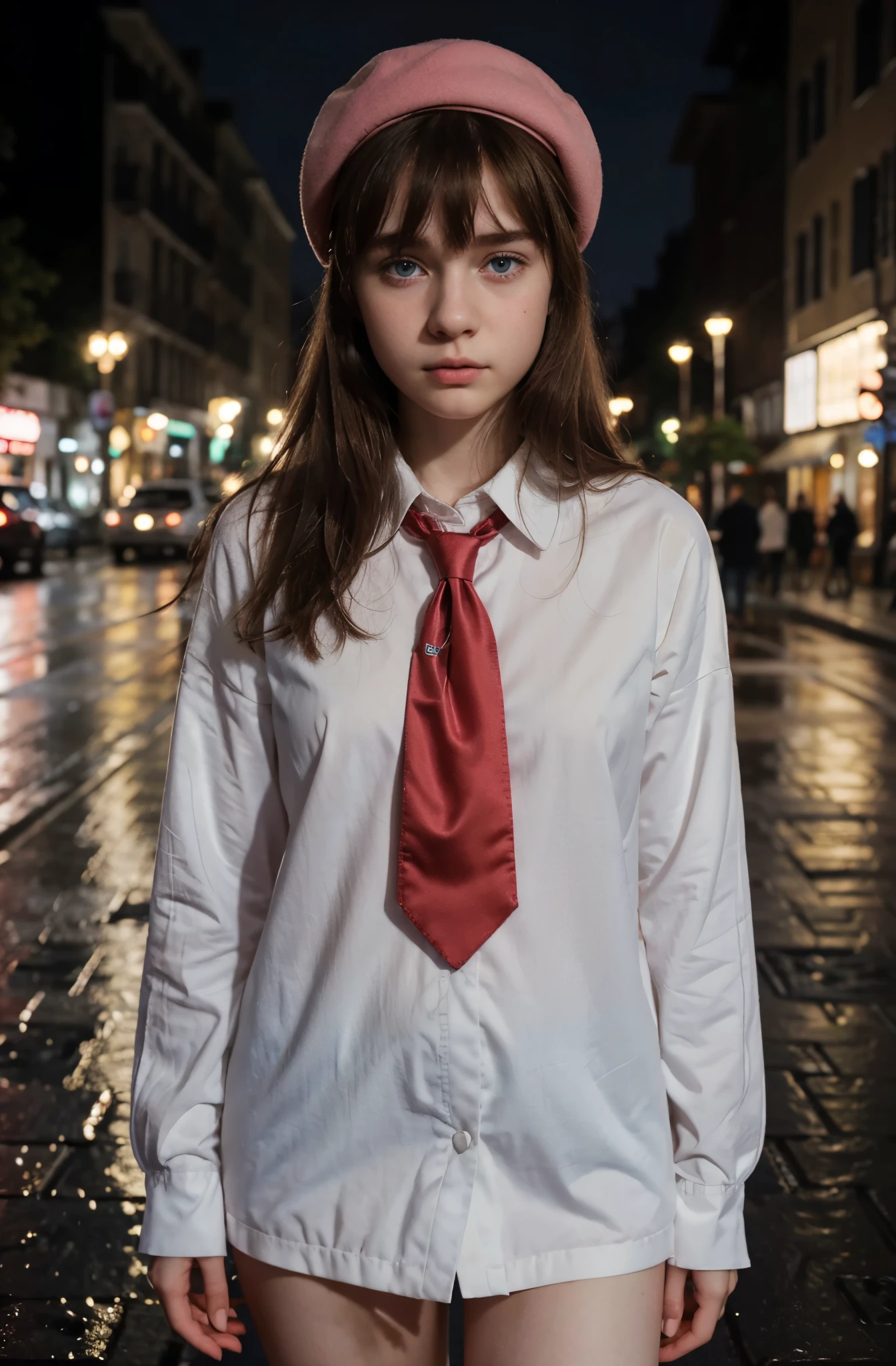 (best quality,hyper-realistic,ultra-detailed,8k), ager, fifteen years old, shy, sad, paleness, big blue eyes, very white skin, small nose, short middle brown hair with bangs, melancholy, delicate, feminine, skinny, elegant student uniform, french pink Beret, red tie, empty street, brilliant colors, rain, night, city lights.