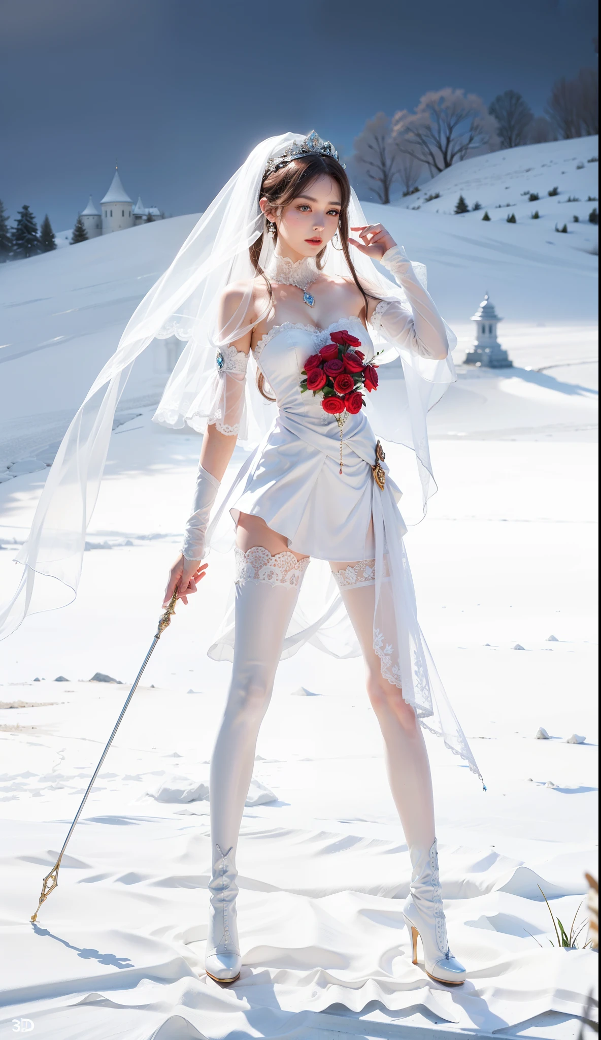 Royal sister,exquisite eyes,Detailed facial expressions body,tall figure,Leg length,4k,HD,translucent lace,Fair and plump figure,pretty face,Little cherry mouth,beautiful and delicious(3D royal sister),exquisite dress,Wear crystal jewelry,white high heel boots,