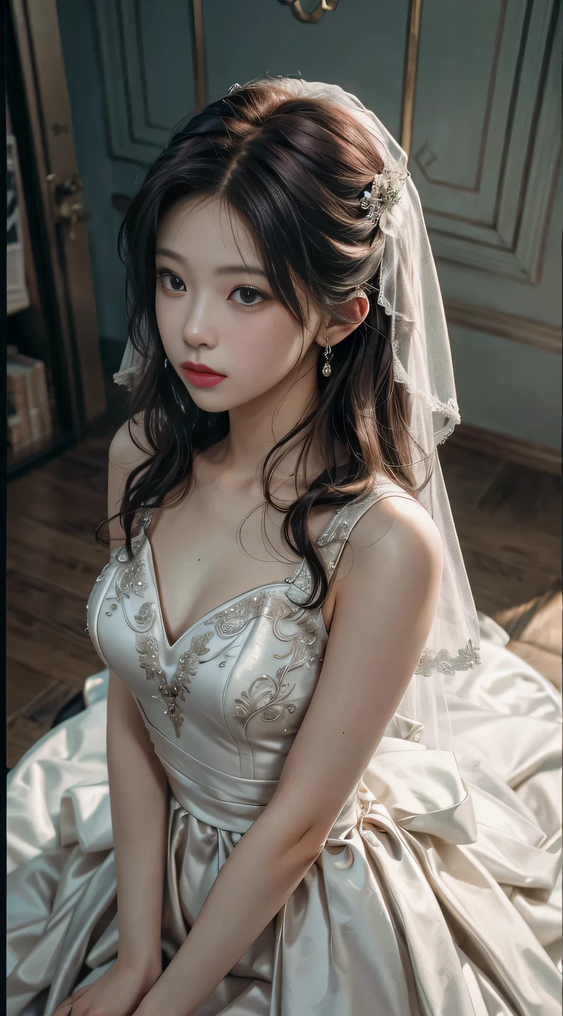 From above: 1.2), sharp focus, volumetric fog, 8k UHD, high quality, (film grain: 1.4), wedding dress