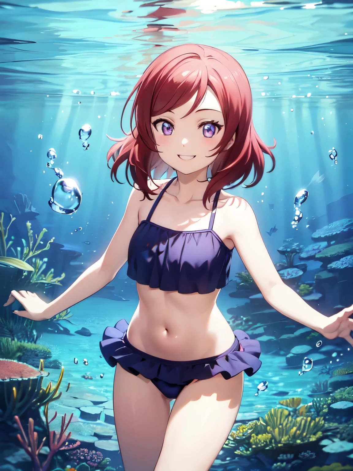 beautiful fish from underwater、solo、1 girl、swim with many fish,bubble、maki nishikino、colorful swimwear、smile、cute swimwear、cowboy shot、Shooting from under water、smile
