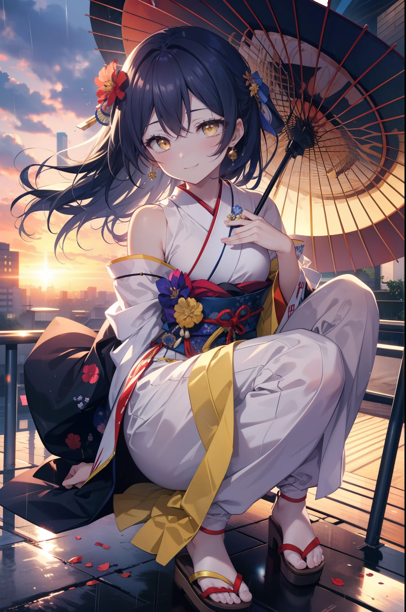 Kamisonoda, Umi Sonoda, long hair, blue hair, (yellow eyes:1.5) (flat chest:1.2),smile,flower hair ornament,Blue floral pattern gorgeous Japanese clothes,long skirt,white foot bag,Zori sandals,tying hair,He is holding a Japanese-style umbrella with both hands and resting it on his shoulder.,rain,cloudy sky,walking,
break looking at viewer,
break outdoors, In town,building street,
break (masterpiece:1.2), highest quality, High resolution, unity 8k wallpaper, (figure:0.8), (detailed and beautiful eyes:1.6), highly detailed face, perfect lighting, Very detailed CG, (perfect hands, perfect anatomy),