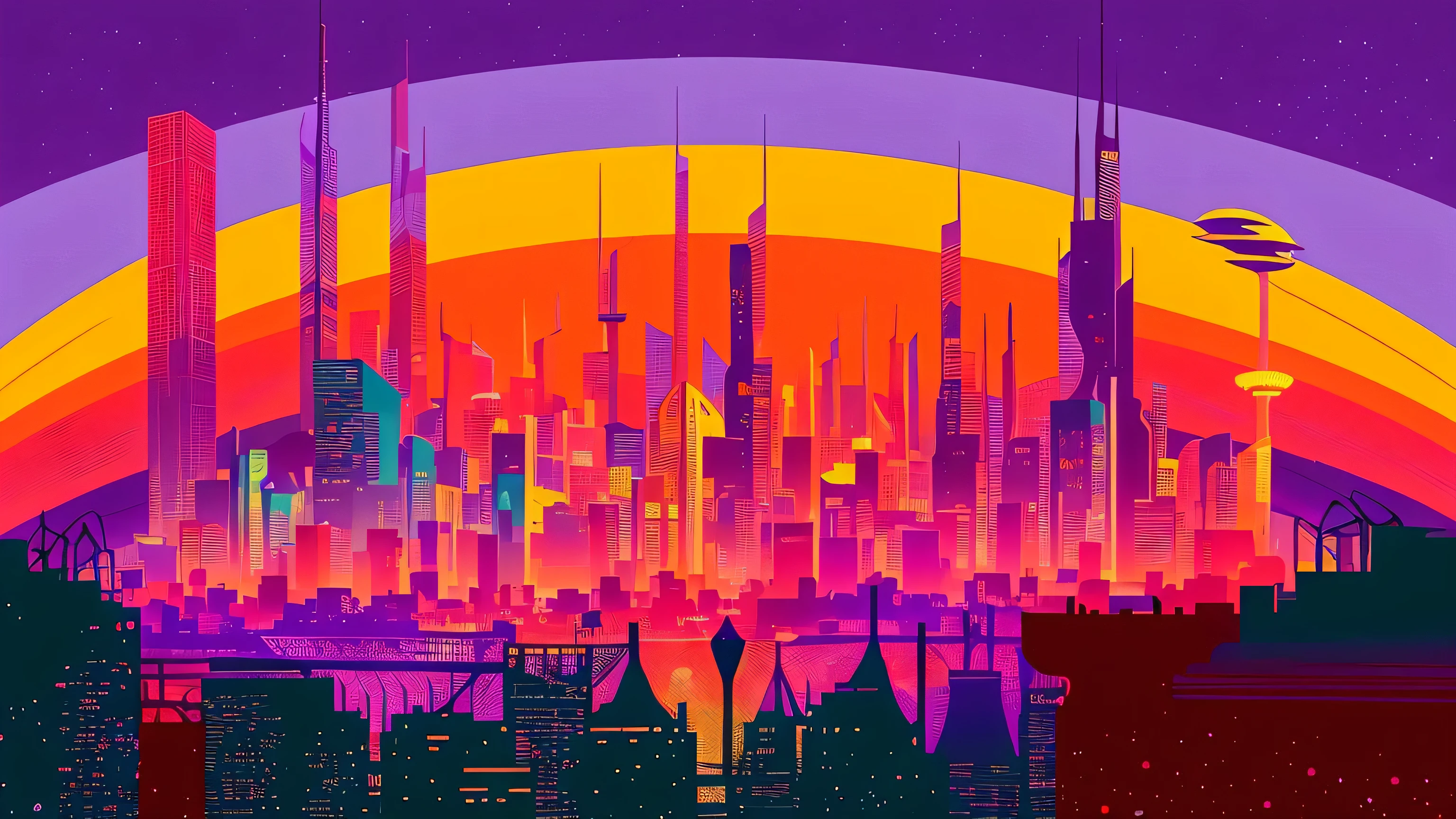a colorful city skyline with a rainbow in the background, colorful city, an alien cityscape, alien cityscape, colorful dystopian futurism, kilian eng vibrant colours, colorful concept art, futuristic city backdrop, kilian eng vibrant colors, inspired by James Gilleard, james gilleard artwork, futuristic but colorful shading, futuristic city scape, futuristic cityscape, jen bartel
