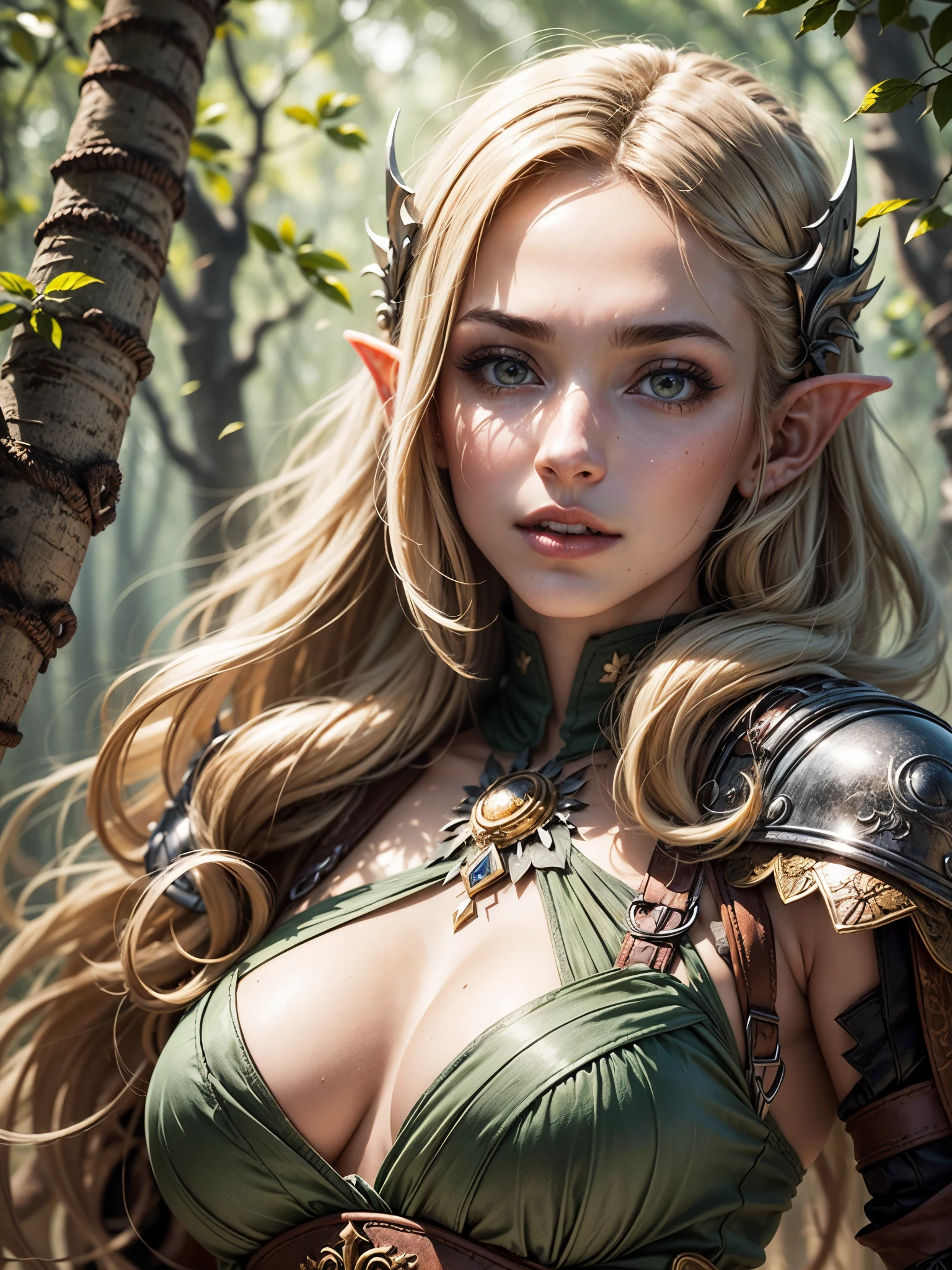 In the heart of a mystical forest, a young elf with medium blonde hair stands proudly in her intricately detailed warrior outfit. The sun casts golden rays upon her face, illuminating the delicate shadows that drape her sculpted features. Her ample cleavage is accentuated by the open neckline of her armor, revealing the ethereal glow of her elven skin. The debris of an ancient battlefield surrounds her, adding depth and intrigue to the background. The sunlight filters through the dense canopy above, creating a realistic and captivating scene with every detailed brushstroke. --s2