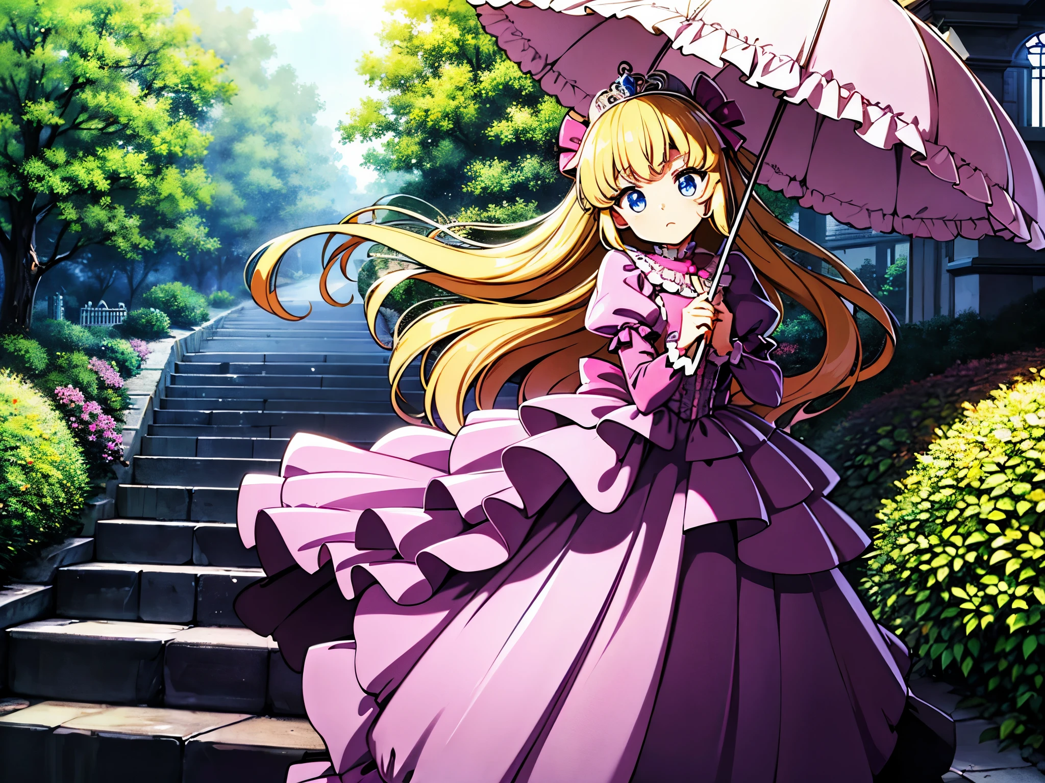 ,highest quality, masterpiece, highest resolution, artwork, super それにget used to it, many get used to it, get used to it, それにget used to it, 3K anime illustration,,((10 year old s)),Super detailed baby face,the girl is a princess,luxurious tiara,Full length ball gown dress with hoop skirt,ruffle yoke collar,puff sleeves,long sleeve,((lolita stylt pink princess satin dress、Comes with lots of frills and ribbons。)),colorful fashion,shiny satin dress,Soft and smooth fabric,luxury,long blonde hair,blue eyes,white skin european,フリルとリボン付いたluxuryなビクトリアンスタイルの日傘をさしている,holding a parasol with both hands,Walking through the gardens of European castles,沢山花の咲いたluxuryな庭,super detailed background,