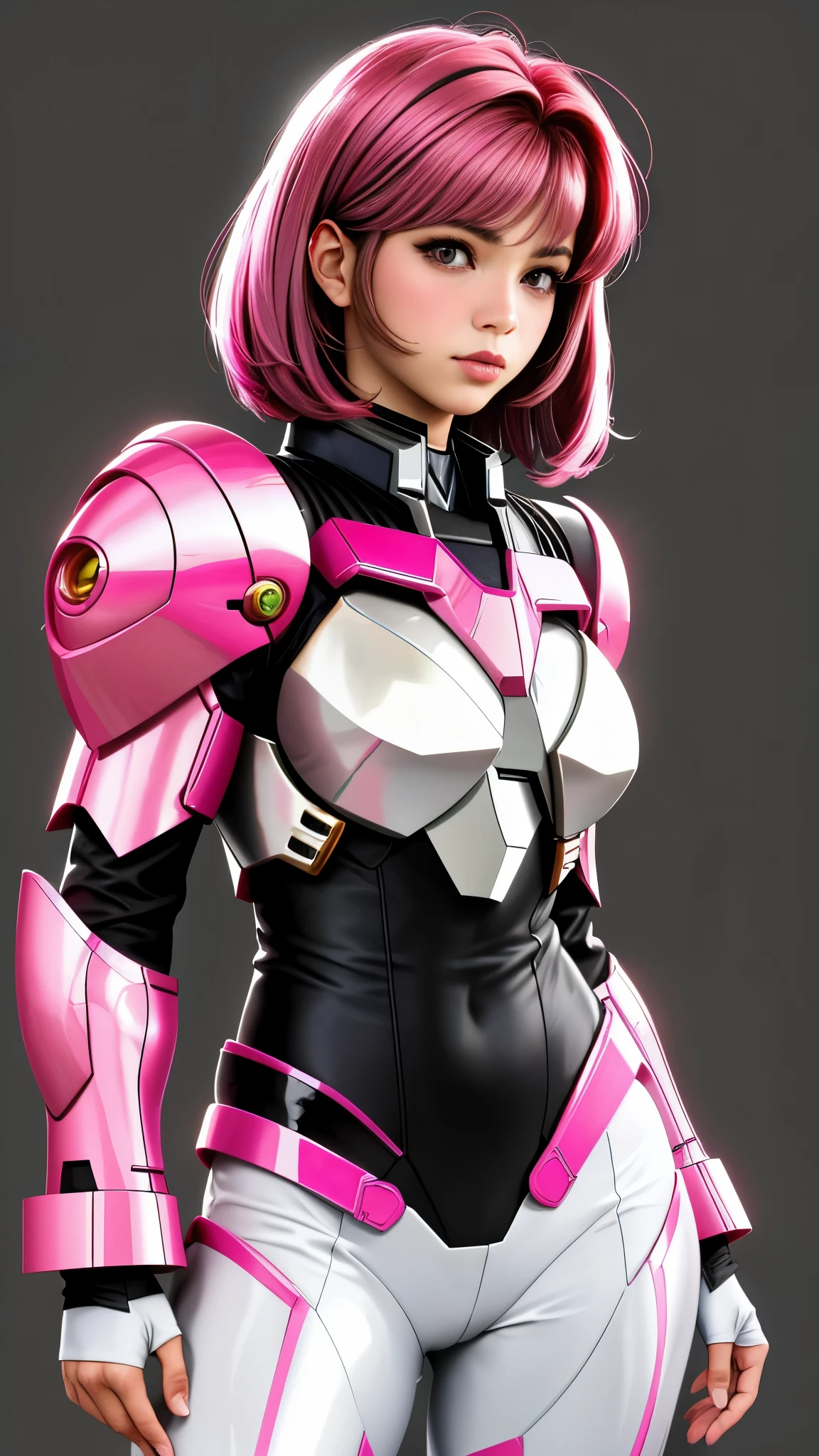 Realistic black Sozabi girl photo，Shortcut Bob Cut，I have a lot of hair，brown eyes，Hair color is bright pink，cool look，background is gray， daughter of Haman Khan and Char Aznable.