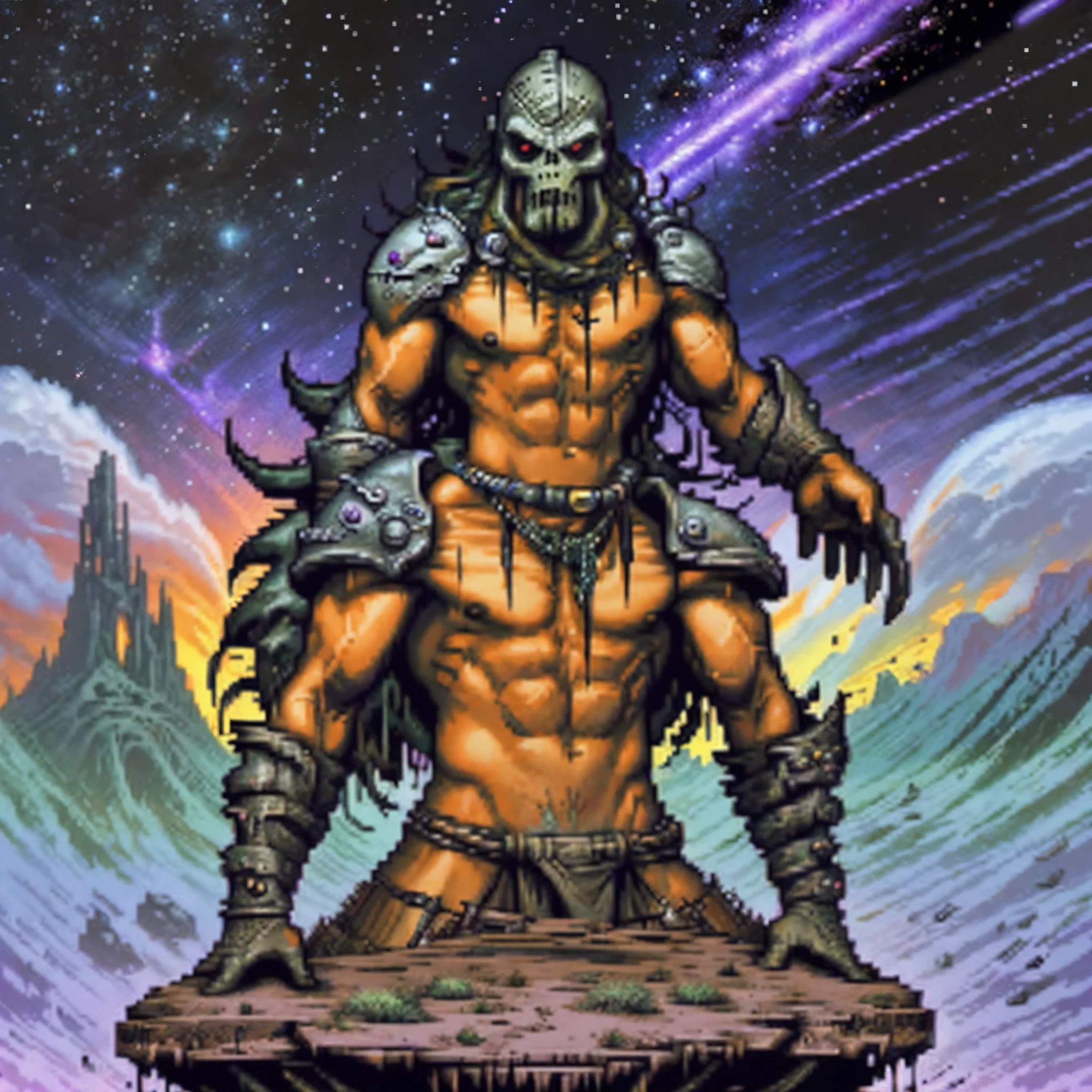 Space mutant, one character, barbarian mutant, chrome skull face, battle ax in hands, full body, nude body, muscular body, loincloth, space background, dark fantasy, Luis Royo style, Science fiction, 80s, 16-bit game, VHS era, planet in space background, purple lightning, psychedelic color background, smog, fog, swamp, man in swamp, alien forest