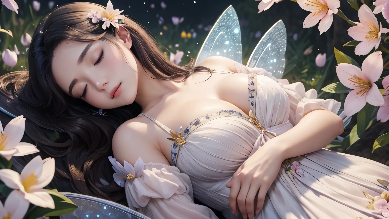 One beautiful fairy with wings、((On your back))、(Sleeping)、big breasts、pale hair、Upper body、close up of face、Lustrous lips、Flowers in the foreground、spring scenery、night scenery、surrounded by spring flowers、colorful flower field、high resolution、mysterious、high resolution、