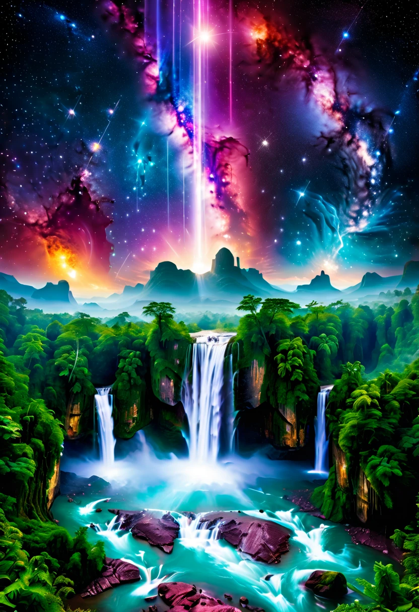 ((Aerial View))，A supremely beautiful Creation Pillar topped with the Milky Way pouring down like a waterfall, set in a cosmic landscape. This magnificent scene combines elements of fantasy and space, showing the pillar standing tall against a backdrop of stars, nebulae, and celestial bodies. The Milky Way's cascading flow is illuminated with vibrant colors, creating a stunning visual effect that resembles a cosmic waterfall. The scene is ethereal and awe-inspiring, highlighting the beauty and majesty of the universe.