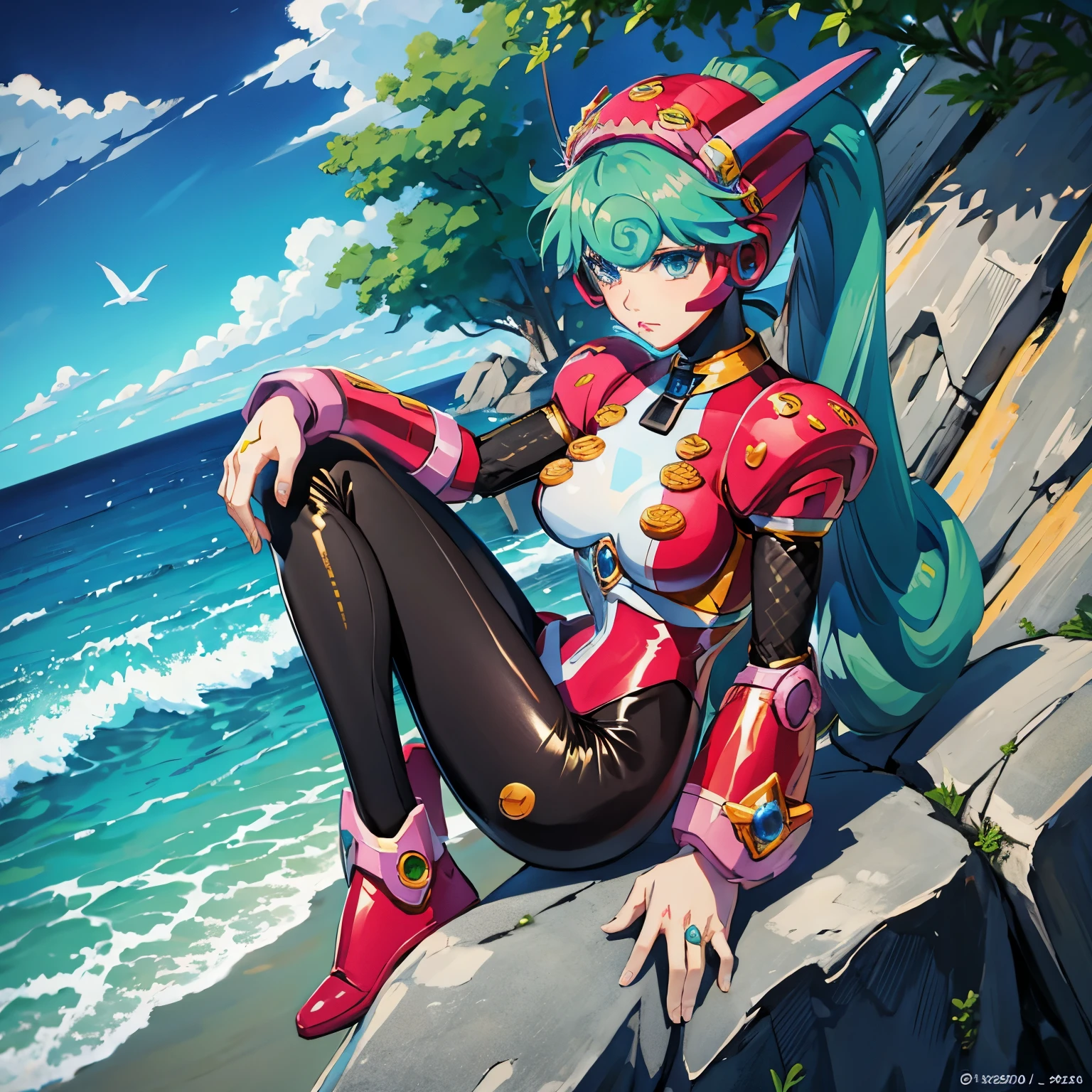 marino_megamanx, 1girl, green hair, blue eyes, ponytail, detailed face, breasts, masterpiece, high quality, overlooking the ocean on the edge of a rock, in the style of avian-themed, realistic yet stylized, villagecore, azure, orange and azure, dragoncore, aerial view