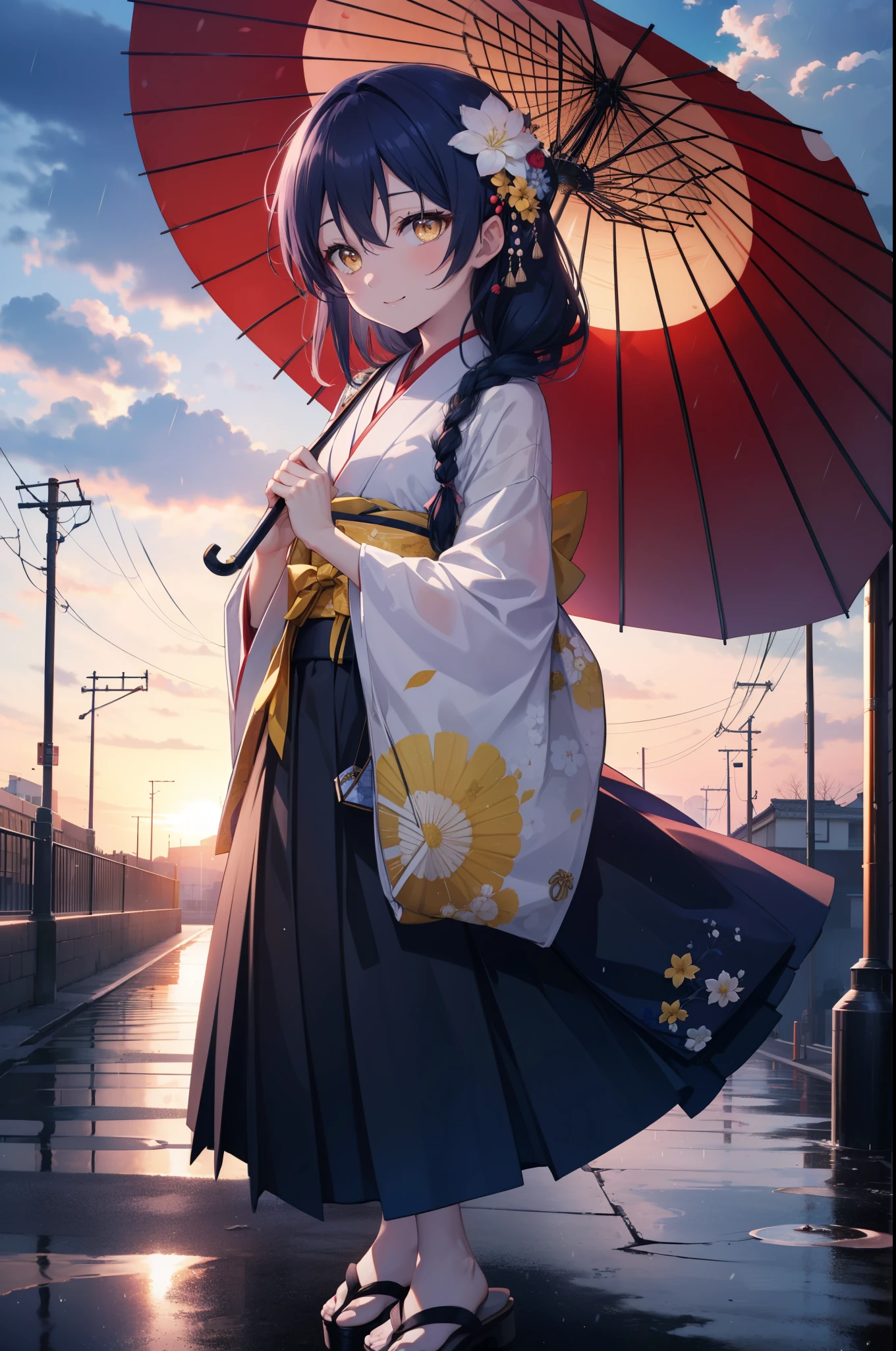 Kamisonoda, Umi Sonoda, long hair, blue hair, (yellow eyes:1.5) (flat chest:1.2),smile,flower hair ornament,Blue floral pattern gorgeous Japanese clothes,long skirt,white foot bag,Zori sandals,tying hair,He is holding a Japanese-style umbrella with both hands and resting it on his shoulder.,rain,cloudy sky,walking,
break looking at viewer,
break outdoors, In town,building street,
break (masterpiece:1.2), highest quality, High resolution, unity 8k wallpaper, (figure:0.8), (detailed and beautiful eyes:1.6), highly detailed face, perfect lighting, Very detailed CG, (perfect hands, perfect anatomy),