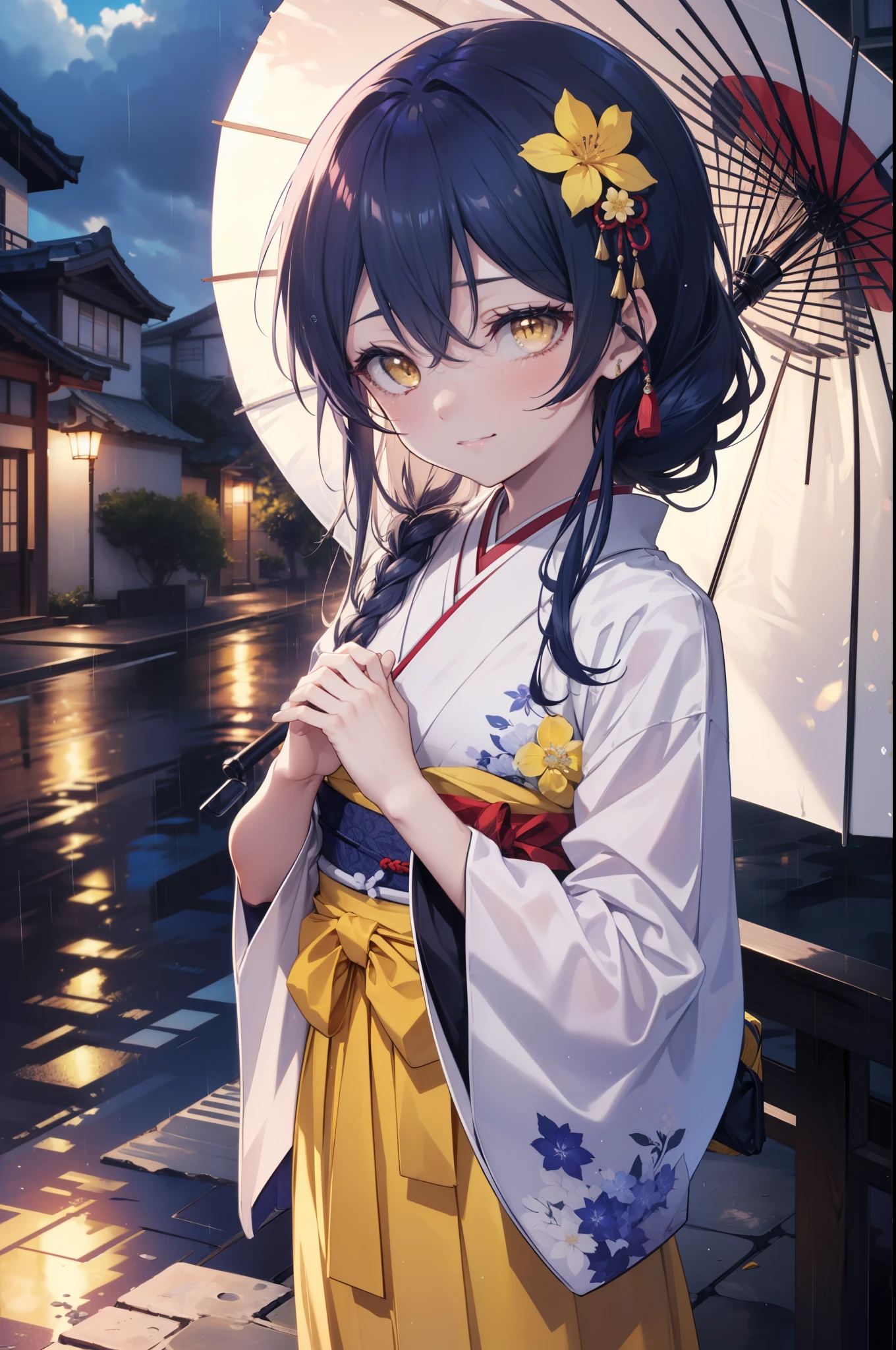 Kamisonoda, Umi Sonoda, long hair, blue hair, (yellow eyes:1.5) (flat chest:1.2),smile,flower hair ornament,Blue floral pattern gorgeous Japanese clothes,long skirt,white foot bag,Zori sandals,tying hair,He is holding a Japanese-style umbrella with both hands and resting it on his shoulder.,rain,cloudy sky,walking,
break looking at viewer,
break outdoors, In town,building street,
break (masterpiece:1.2), highest quality, High resolution, unity 8k wallpaper, (figure:0.8), (detailed and beautiful eyes:1.6), highly detailed face, perfect lighting, Very detailed CG, (perfect hands, perfect anatomy),