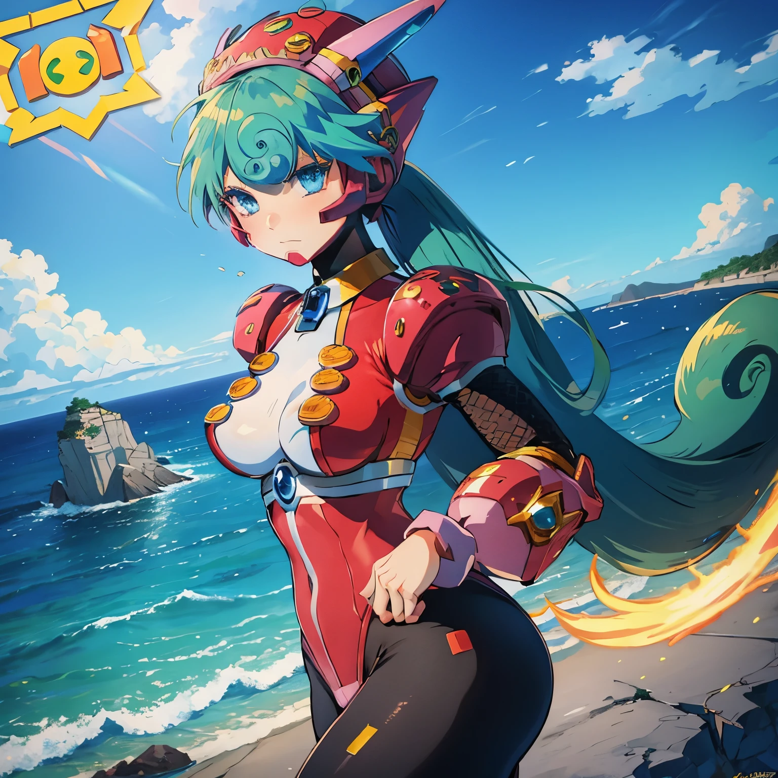 marino_megamanx, 1girl, green hair, blue eyes, ponytail, detailed face, breasts, masterpiece, high quality, overlooking the ocean on the edge of a rock, in the style of avian-themed, realistic yet stylized, villagecore, azure, orange and azure, dragoncore, aerial view