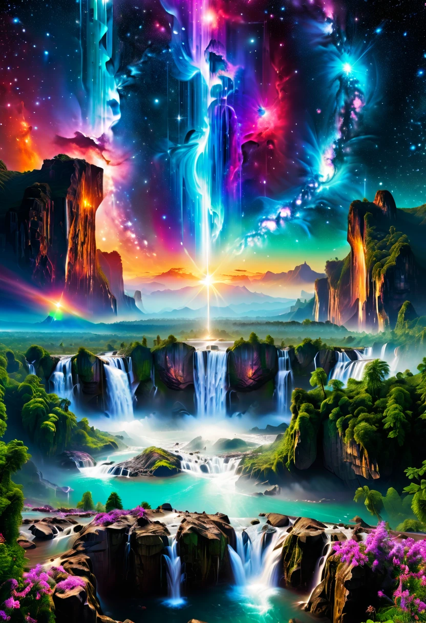 ((Aerial View))，A supremely beautiful Creation Pillar topped with the Milky Way pouring down like a waterfall, set in a cosmic landscape. This magnificent scene combines elements of fantasy and space, showing the pillar standing tall against a backdrop of stars, nebulae, and celestial bodies. The Milky Way's cascading flow is illuminated with vibrant colors, creating a stunning visual effect that resembles a cosmic waterfall. The scene is ethereal and awe-inspiring, highlighting the beauty and majesty of the universe.