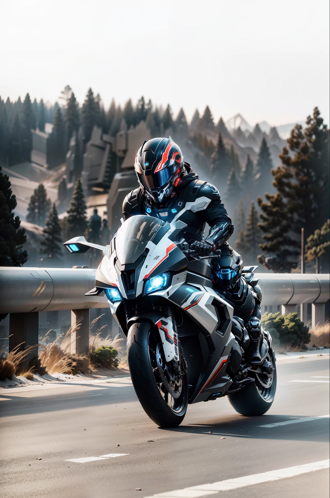 Handsome black mecha cyber warrior，Information mechanical motorcycle，High-tech black full-face helmet，Noor， Biomechanics SHN People，High-tech helmet，Surreal， steel， complex design， Very detailed very detailed， The lines are extremely clear， light， Real photos， detailed masterpiece