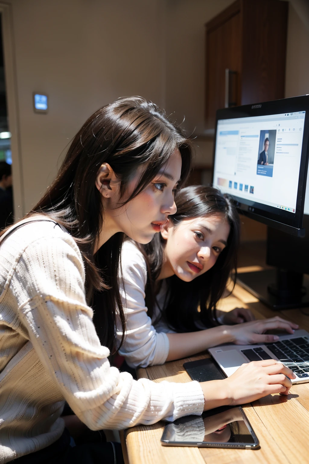 2 young people,A man and a woman 90° front view,Two people watching tablet together,The screen can see the picture