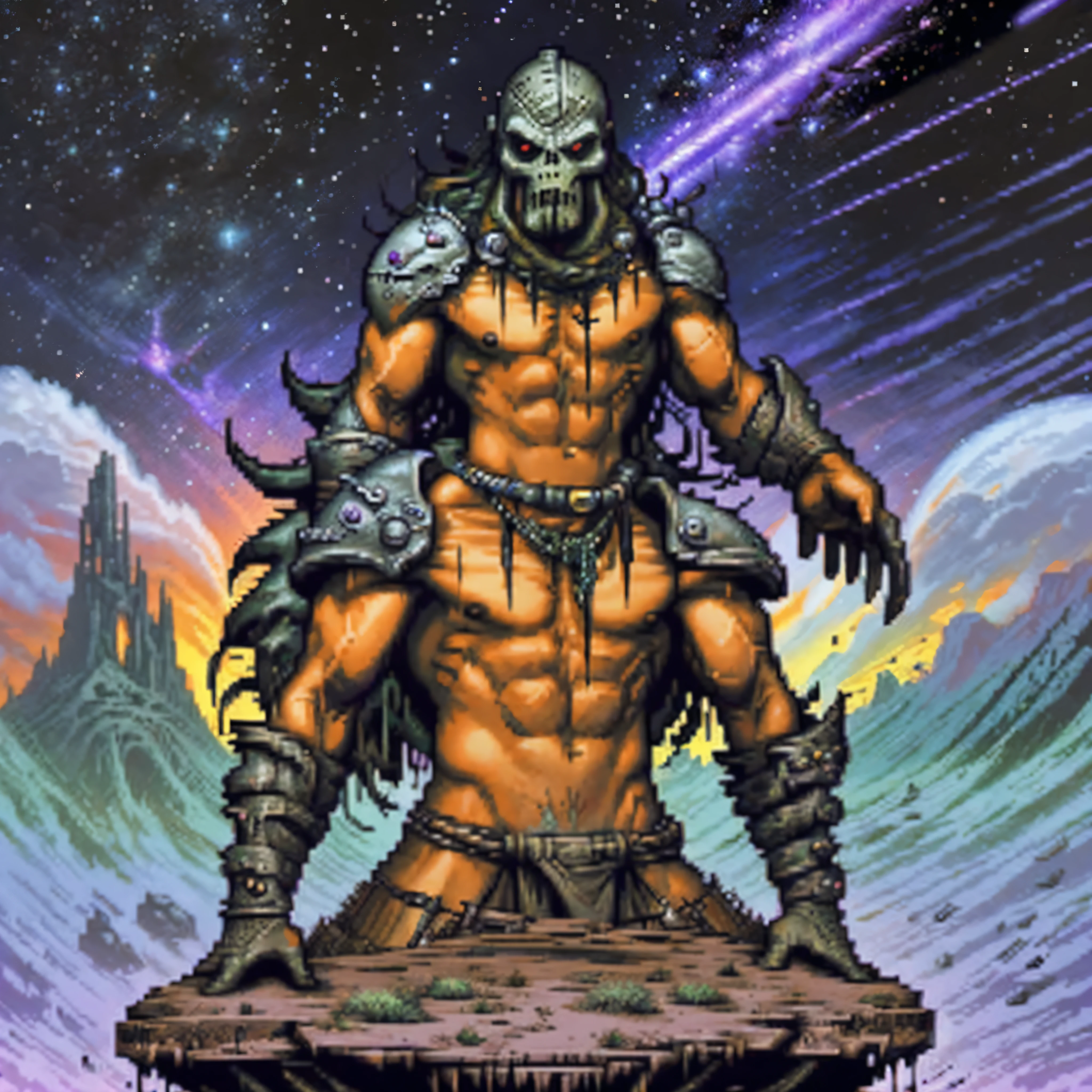 Space mutant, one character, barbarian mutant, chrome skull face, battle ax in hands, whole body, nude body, muscular body, loincloth, space background, dark fantasy, Luis Royo style, Science fiction, 80s, 16-bit game, VHS era, planet in space background, purple lightning, psychedelic color background, smog, fog, swamp, man in swamp, Alien Forest