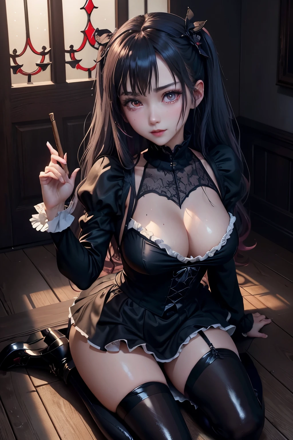 ハードdark gothicメイク、Insanity、deep night sky、horror、black dark eyeshadow、cry、grieve、good skin shine、dark gothicメイク、dark smile、Restless Palace、fragrant beauty、22 years old、lure、expression of intense sexual pleasure、A look of shame、dark gothic、lewd expression、muste piece、best quality、Refers to 5 books、Expression of sexual pleasure in suffering、drunk face、purple maid outfit、mysterious、Noble、A face that is holding back the toilet、Super sexy、loving smile、twin tail hair、jet black ruffle skirt、right blue eye, left eye is red、Gothic bed covered with roses、Super bewitching pose、stick out your butt、platform heel shoes、dark makeup、black lipstick、Stained glass、black metal world、open your legs sloppily、make the world beautiful、sit on a bed of roses、gothic lolita clothes、comb your hair、A little slender、silver hair、long hair straight hair、cute gothic lolita dress、beautiful face、face of elegance、bewitching face、knee high socks、Stained glassが背景、My chest is shiny from a lot of sweat、the room is dark、slender、appropriate chest size、goth long dress、bell sleeve、wizard sleeve、decadent look、sexually excited look、part hair、Ritual、gothic ritual、Glossy thighs wet with water、Thighs wet and shiny with oil、unusual mysterious expression、Background of a room filled with roses、sad expression、Rozen Maiden、embroidery is pink、clothes embroidery pink、thigh high socks、Moderate chest size、kneel down、put your knees on the floor、knee high socks、It shines due to the considerable amount of sweat on my thighs.、kneel down、body is wet and shiny、Lots of glitter on the thighs、i am sweating a lot、A lot of sweat and stickiness on the thighs、Sweat glistening on your thighy whole body is shiny with sweat、pretty sweaty、My thighs are sweaty、my thighs are so wet、My thighs are shiny from a lot of sweat、