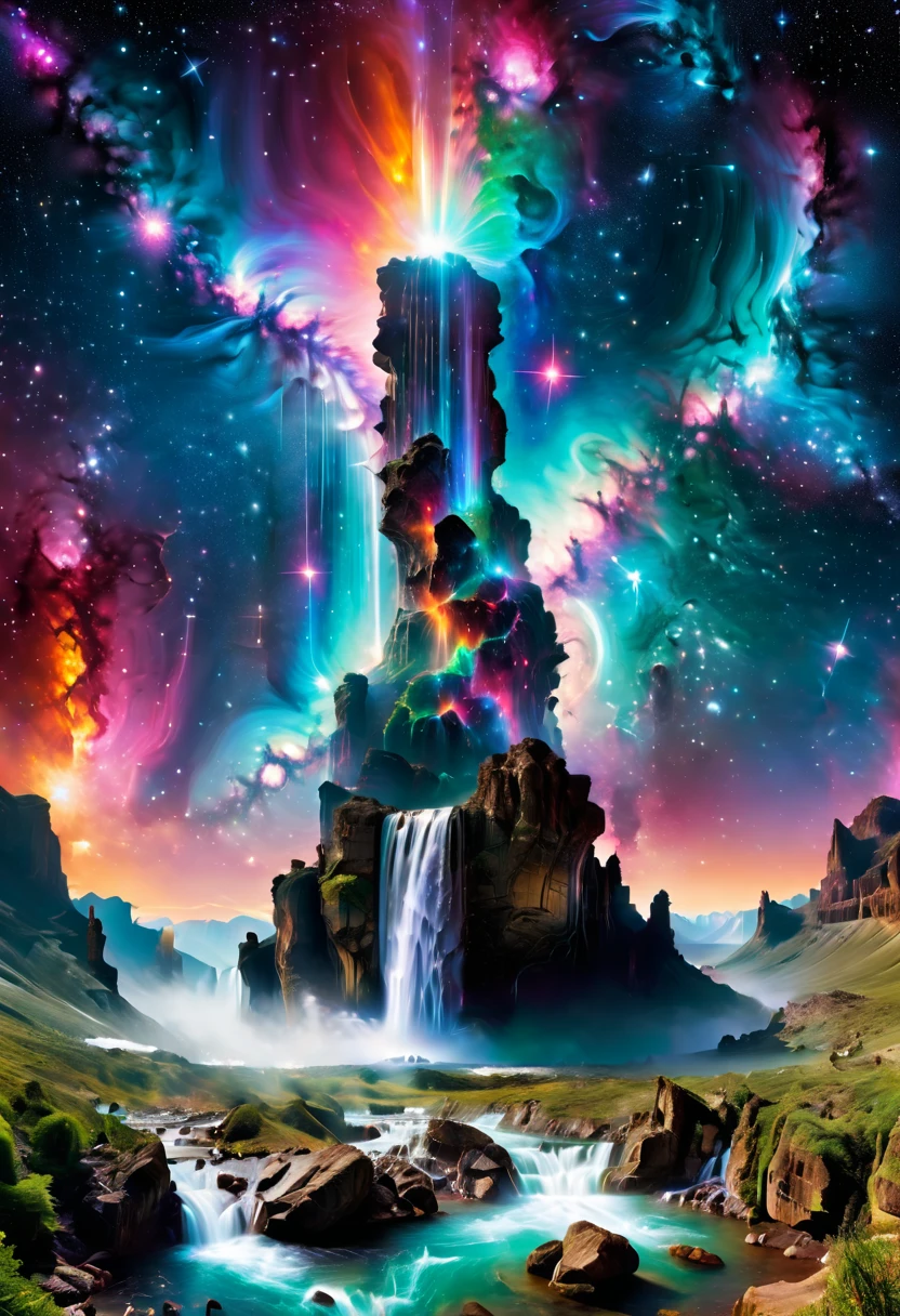 Envision a supremely beautiful Creation Pillar topped with the Milky Way pouring down like a waterfall, set in a cosmic landscape. This magnificent scene combines elements of fantasy and space, showing the pillar standing tall against a backdrop of stars, nebulae, and celestial bodies. The Milky Way's cascading flow is illuminated with vibrant colors, creating a stunning visual effect that resembles a cosmic waterfall. The scene is ethereal and awe-inspiring, highlighting the beauty and majesty of the universe. The composition captures the grandeur of the cosmos with the pillar as a central figure, surrounded by the endless expanse of space, filled with colorful nebulae, twinkling stars, and other celestial phenomena, under a vast cosmic sky.
