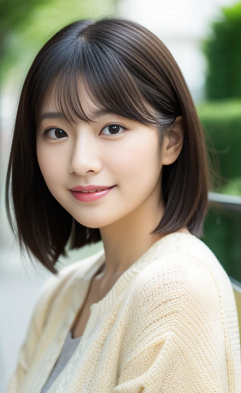 Portrait、8k、high quality、realistic photo images、24-years-old、japanese woman、neat wife、、housewife、Reproduces natural and realistic eyes、japanese stand、beautiful black hair、short hair、light makeup、octane rendering、beautiful lighting、composition of golden ratio、laughter、everyday wear、casual clothes、natural background、blurred background、High level image quality、Pure Japanese humanity、beautiful wife、Upper body、light makeup、No makeup、pure beauty、plain clothes、grey、beige、green、Plain color、casual clothes、slight smile、small black eyes、background bokeh