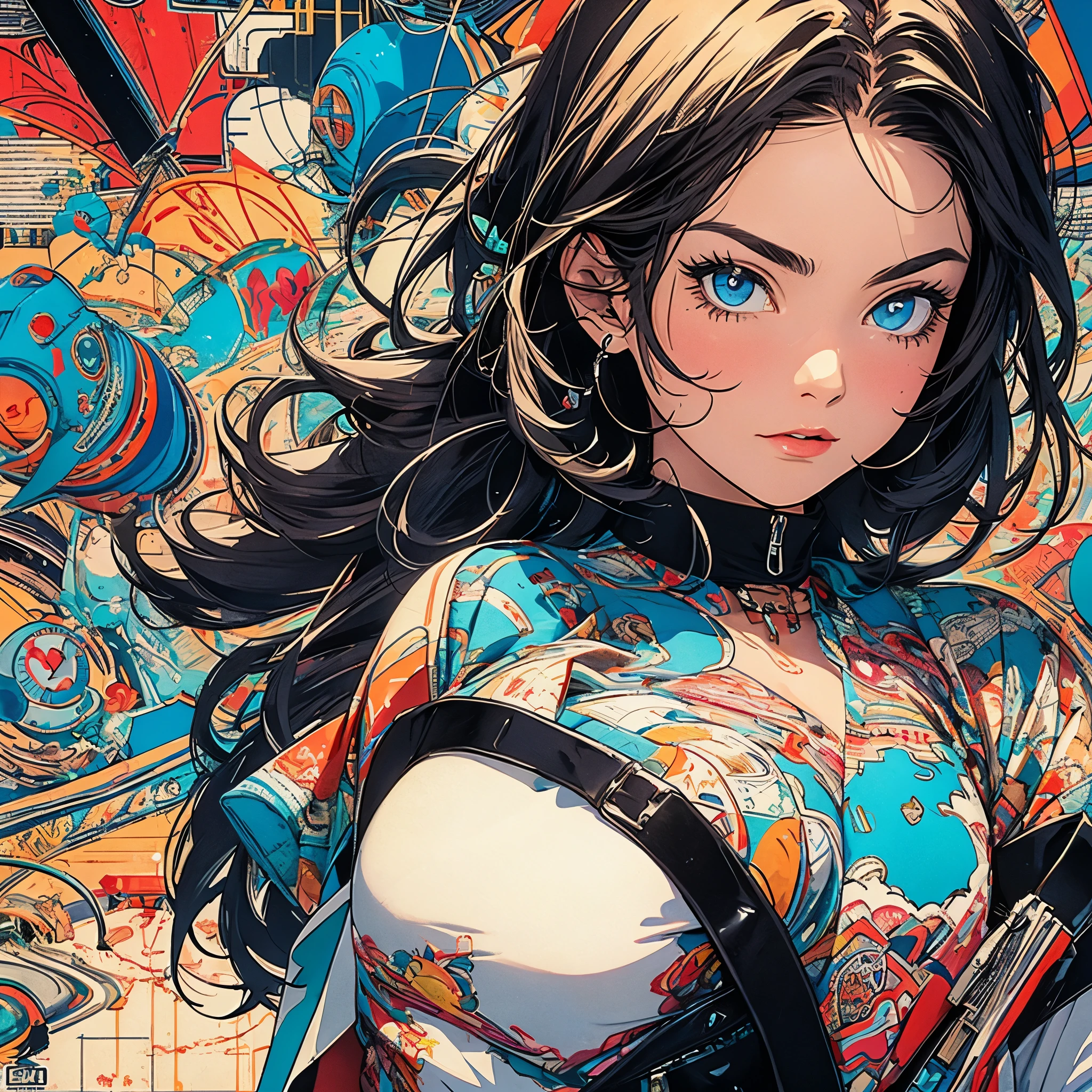 (masterpiece, highest quality), 32K,(highly detailed beautiful woman), poster,SF,1960s,1970s,bauhaus, shape, abstract,movie poster, vintage,retro,futuristic anime,ultimate map,highlight,extremely detailed rainbow-colored eyes,Emphasize cleavage,