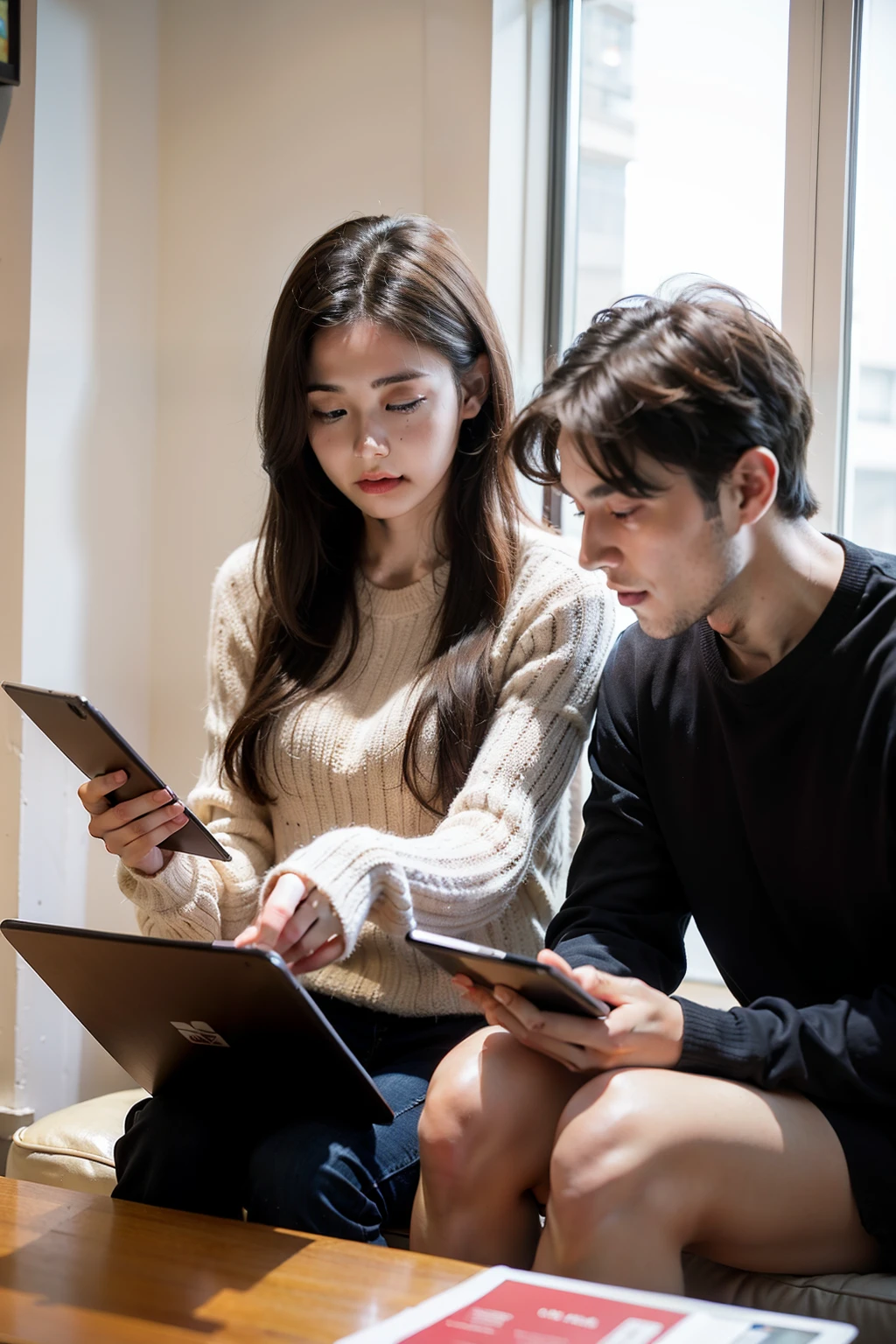 2 young people,A man and a woman 90° front view,Two people watching tablet together,The screen can see the picture