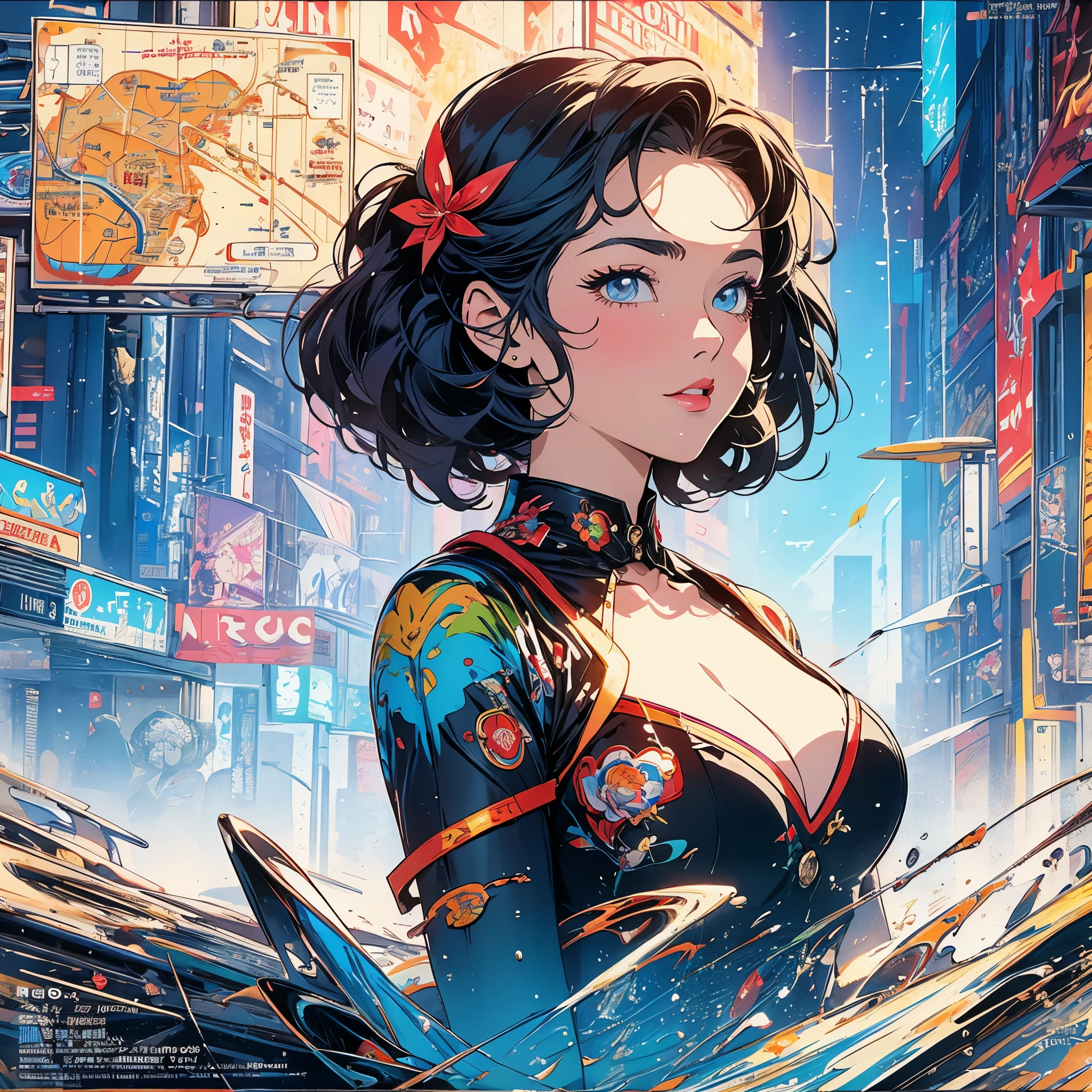(masterpiece, highest quality), 32K,(highly detailed beautiful woman), poster,SF,1960s,1970s,bauhaus, shape, abstract,movie poster, vintage,retro,futuristic anime,ultimate map,highlight,extremely detailed rainbow-colored eyes,Emphasize cleavage,Slightly profile,